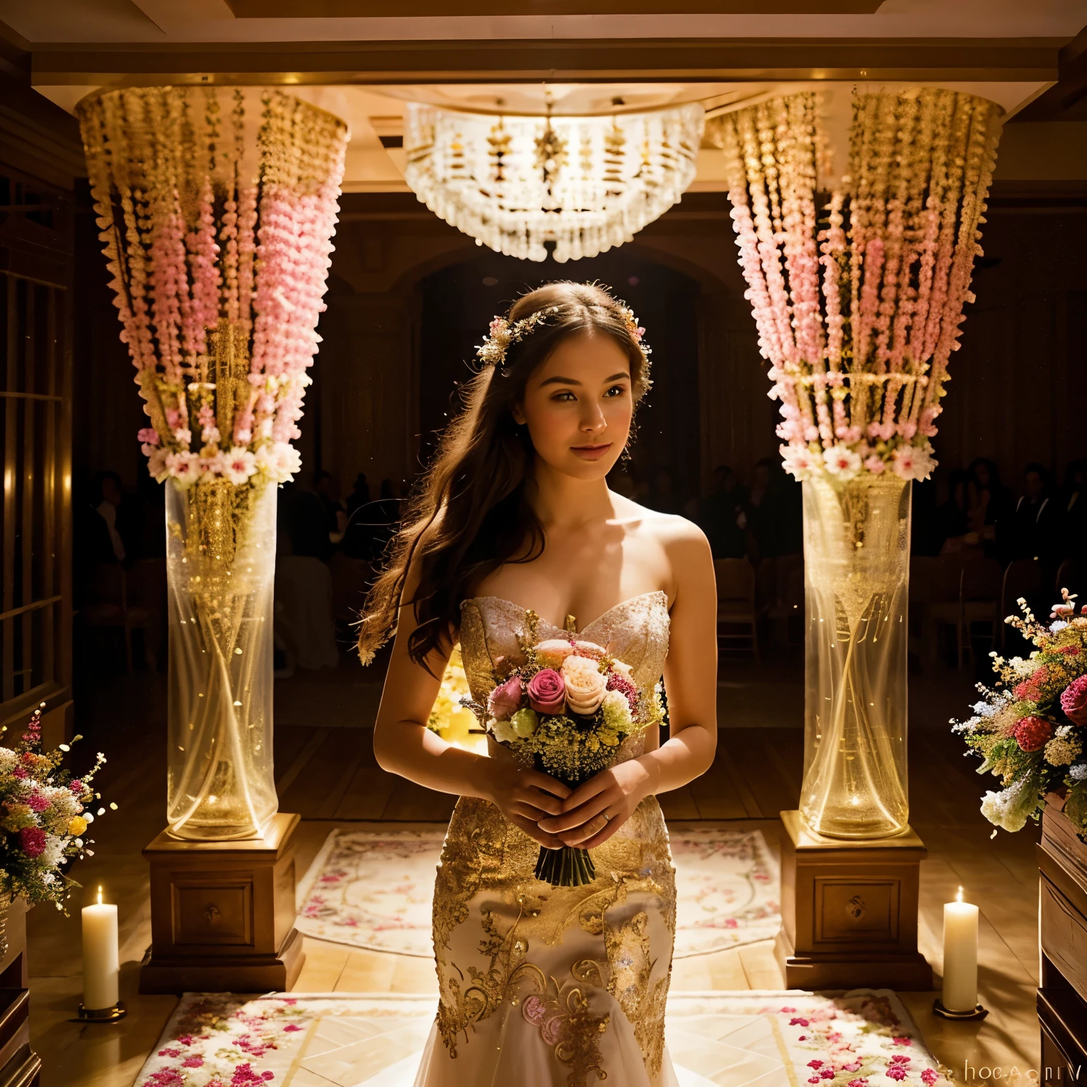 A captivating and enchanting photograph of a stunning, vibrant vase meticulously adorned with intricate designs. The vase, brimming with
exquisite pink and purple flowers, appears to gracefully dance and sway as if swaying to an imaginary breeze. The flowers cascade over the edges of the vase, creating a delightful and whimsical scene. The background exudes a dreamy, romantic ambiance with warm, golden lighting, providing the perfect visual inspiration for a whimsical, floral-themed space.