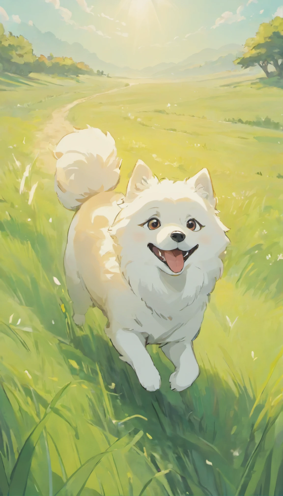 one dog, Samoyed dog, Running through the grasslands, Fluttering in the wind, free, Nature, Steppe winds, Running through the steppes