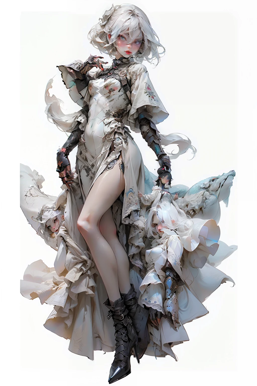 mpts
Copy
(((masutepiece, of the highest quality, super detailed))), hand drawn style, hand painted style, watercolour, sketch, a knight, white background, plain background, Bloodborne inspired, tatty Bloodborne attire, occult aesthetic, occult, tatty red and white clothing detailed and intricate steampunk and detailed gothic ta (with a hood), diadems, long coat, very thin long legs, Complex laced boots, Fluttering lace flared long knee length dress with frilly petticoats, long dress, knee length dress, petticoats gothic lolibeautiful small breasts, (((( Highly detailed face))), small thin nose, Small thin lips mouth, (((Very sharp focused eyes))), Very large slit precision pale grey eyes that shine like jewels. very long eyelashes, Silver hair swaying in the wind, Emitting a dazzling light in a mandala pattern, white background, Very dramatic and cinematic lighting, tatty damaged old red and white clothing, full body, whole body, body, cosmic horror, grim dark