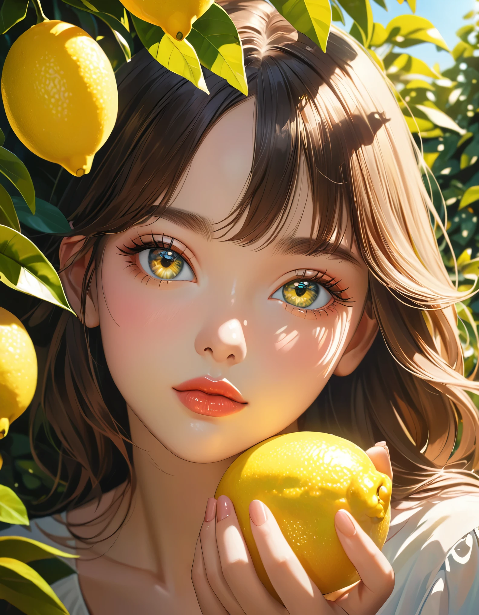 a girl eating a lemon, beautiful detailed eyes, beautiful detailed lips, extremely detailed eyes and face, long eyelashes, girl holding a lemon, vibrant colors, natural lighting, 8k, photorealistic, highly detailed, intricate, colorful, lush environment, garden setting, flowers in the background, dappled sunlight, soft shadows, warm tones, cinematic composition, portrait orientation，minimalist
