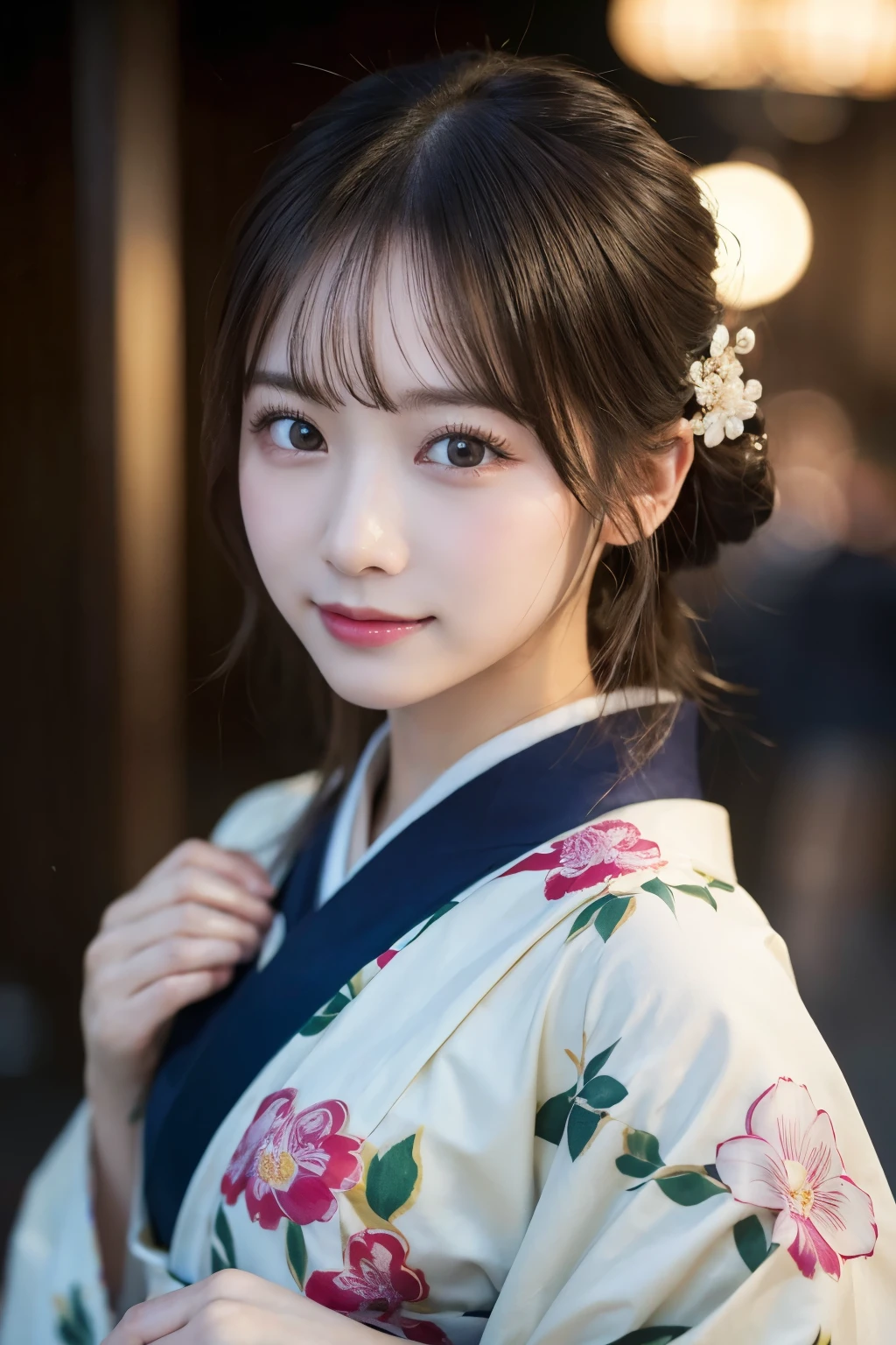 （kimono）、masterpiece、beautiful girl、Beautiful detailed eyes、highest quality, 超A high resolution, (reality: 1.4), Cinema Lighting、(Japanese Girls)、so beautiful、Beautiful Skin、(Looking at the audience)、(Surreal)、(High resolution)、(8k)、(Very detailed)、(Beautiful fine details)、(Very detailed)、 (wallpaper)、Detailed face、Bright lighting、Professional Lighting、Smile
