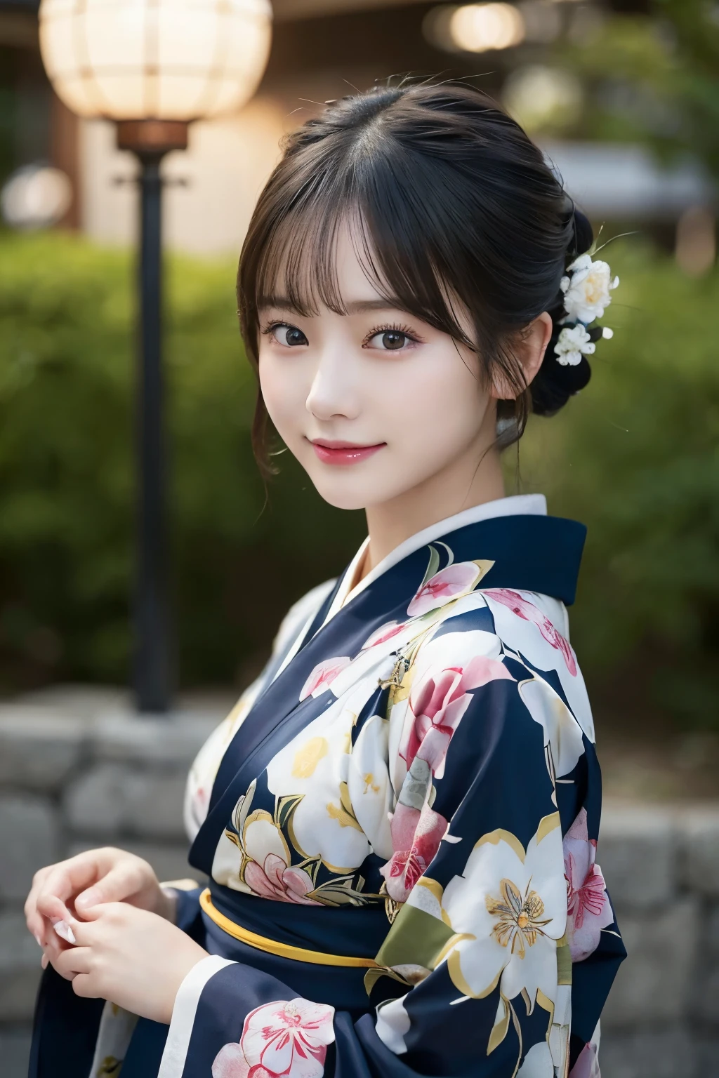 (kimono)、masterpiece、beautiful girl、Beautiful detailed eyes、highest quality, 超A high resolution, (reality: 1.4), Cinema Lighting、(Japanese Girls)、so beautiful、Beautiful Skin、(Looking at the audience)、(Surreal)、(High resolution)、(8k)、(Very detailed)、(Beautiful fine details)、(Very detailed)、 (wallpaper)、Detailed face、Bright lighting、Professional Lighting、Smile