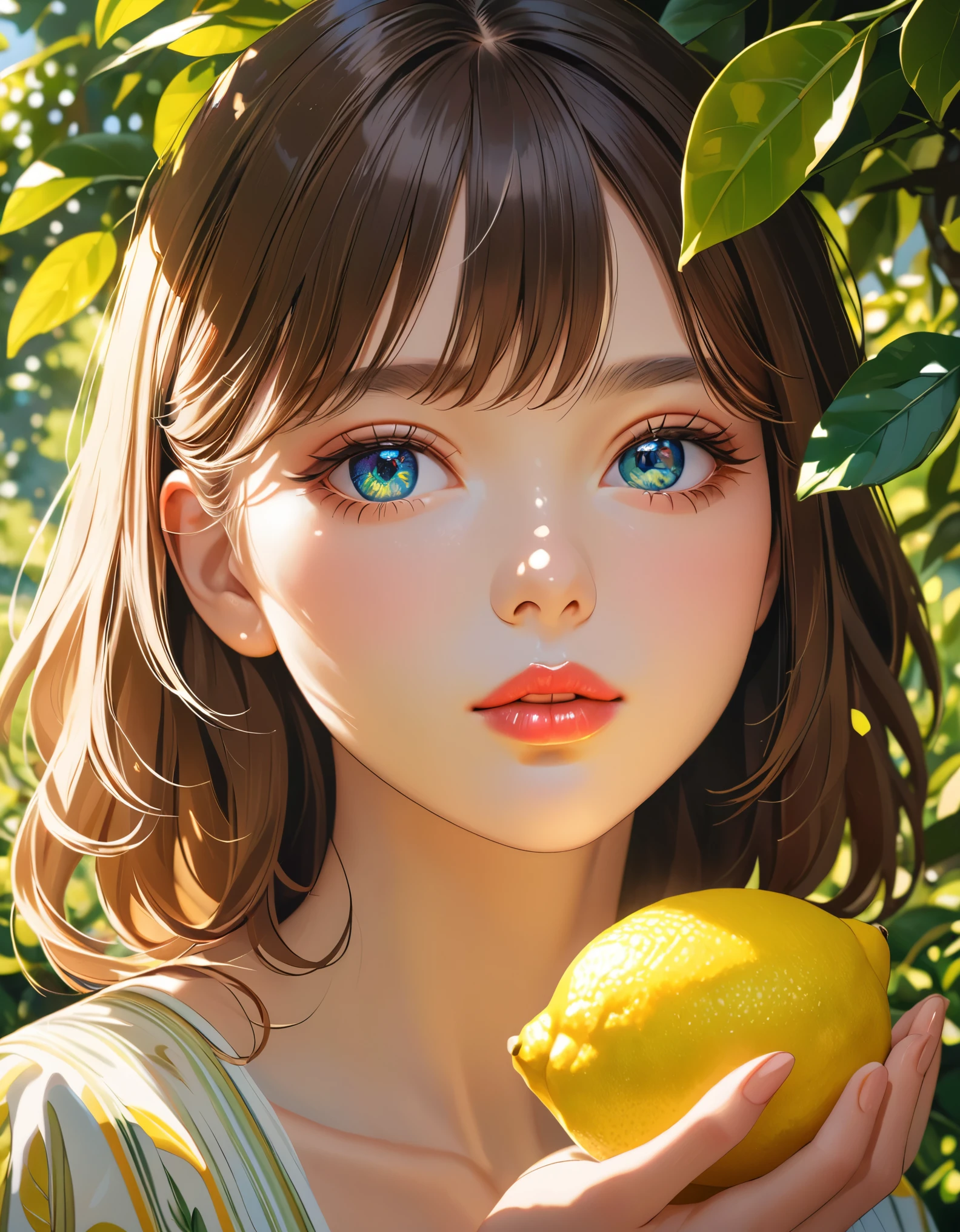 a girl eating a lemon, beautiful detailed eyes, beautiful detailed lips, extremely detailed eyes and face, long eyelashes, girl holding a lemon, vibrant colors, natural lighting, 8k, photorealistic, highly detailed, intricate, colorful, lush environment, garden setting, flowers in the background, dappled sunlight, soft shadows, warm tones, cinematic composition, portrait orientation，minimalist