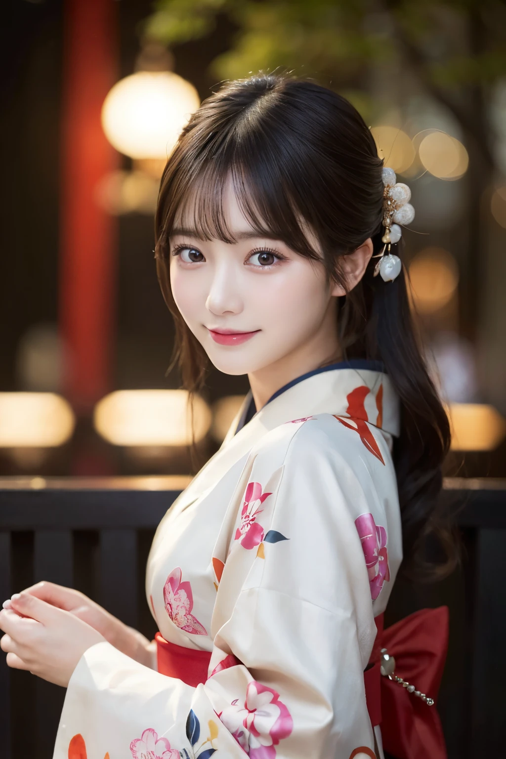 (kimono)、masterpiece、beautiful girl、Beautiful detailed eyes、highest quality, 超A high resolution, (reality: 1.4), Cinema Lighting、(Japanese Girls)、so beautiful、Beautiful Skin、(Looking at the audience)、(Surreal)、(High resolution)、(8k)、(Very detailed)、(Beautiful fine details)、(Very detailed)、 (wallpaper)、Detailed face、Bright lighting、Professional Lighting、Smile