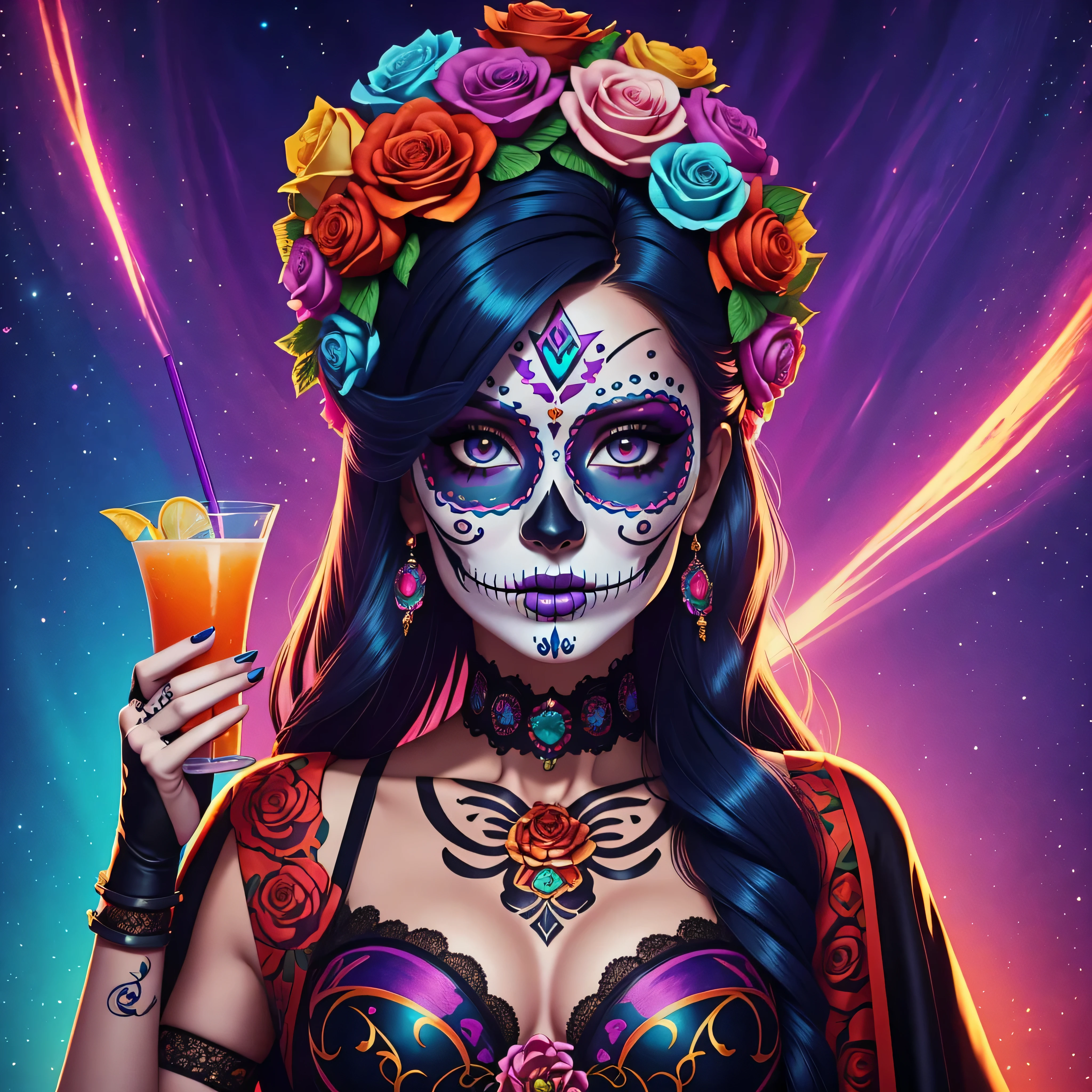 a WLOP style oil painting of a woman with sugar skull paint and holding cocktail,  in the style of a realistic fantasy artwork,  Digital Airbrushing,  tanya shatseva,  luces y sombras contrastantes,  arte de pixel,  rasgos faciales exagerados,  Ruben Maya
*a woman with sugar skull makeup and roses around her head,  celebrating dia de los Muertos,  dia de los muertos,  dia de los Muertos,  dia de muertos,  dia de los muertos. 8 mil,  la catrina,  solo una broma,  (dia de los muertos),  dia de todos los muertos,  ( dia de los muertos ), mensaje negativo: (peor calidad,  baja calidad,  3d,  2d),  boca abierta,  diente, Cara fea,  cara vieja,  cabezas dobles,  pasos adicionales de extremidades: 55, Dechado: Euler a, escala CFG: 7.0, Semilla: 1345639005, Size: 768x1152, Model: copax_Melodies_SG_beta2: 74c01022ae", Version: v1.6.0.40-2-gbf9b3cf, ID de tarea: 650040315251726033