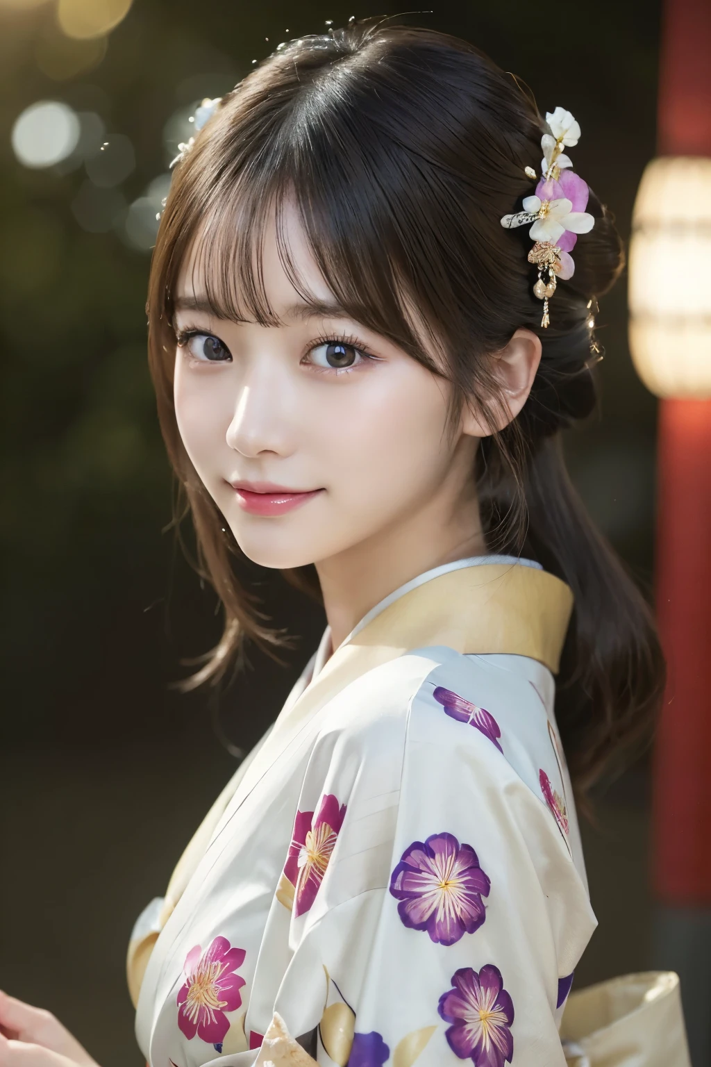 (kimono)、masterpiece、beautiful girl、Beautiful detailed eyes、highest quality, 超A high resolution, (reality: 1.4), Cinema Lighting、(Japanese Girls)、so beautiful、Beautiful Skin、(Looking at the audience)、(Surreal)、(High resolution)、(8k)、(Very detailed)、(Beautiful fine details)、(Very detailed)、 (wallpaper)、Detailed face、Bright lighting、Professional Lighting、Smile
