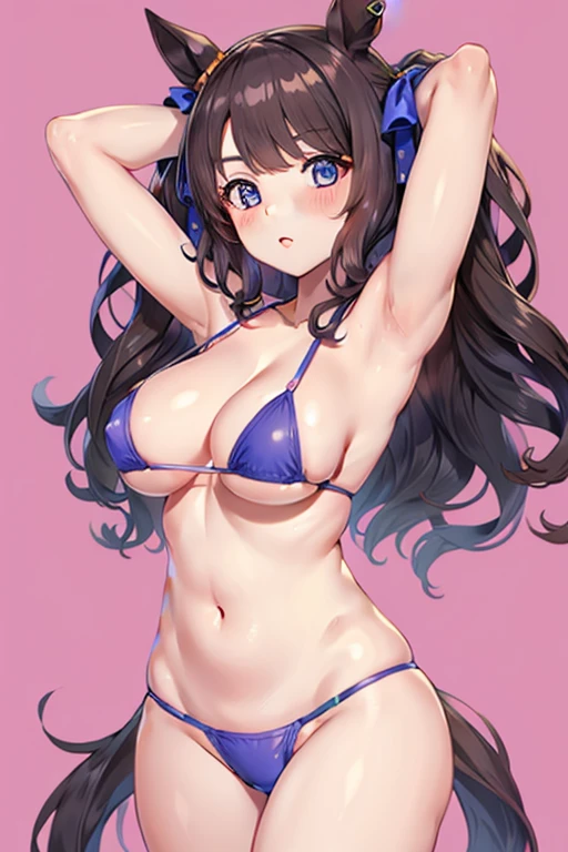 tosen jordan \(umamusume\), micro bikini, big tits, arms up behind