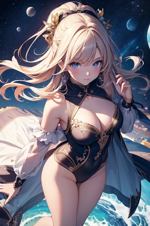 ridiculous resolution, high resolution, (masterpiece:1.4), super detailed, 1girl, seen from above, space, floating, --v 6