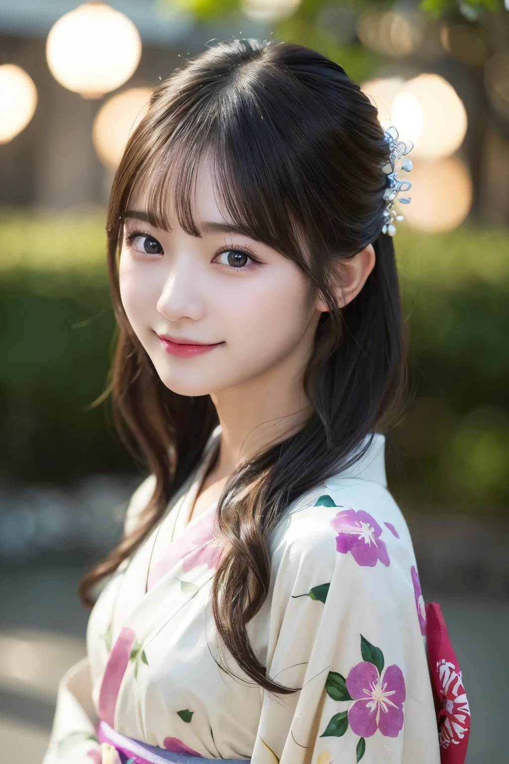 （kimono）、masterpiece、beautiful girl、Beautiful detailed eyes、highest quality, 超A high resolution, (reality: 1.4), Cinema Lighting、(Japanese Girls)、so beautiful、Beautiful Skin、(Looking at the audience)、(Surreal)、(High resolution)、(8k)、(Very detailed)、(Beautiful fine details)、(Very detailed)、 (wallpaper)、Detailed face、Bright lighting、Professional Lighting、Smile