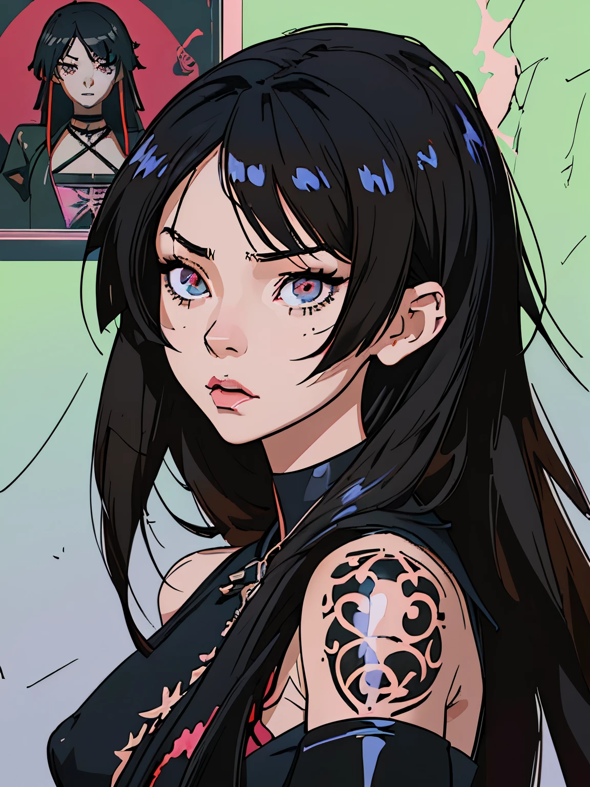 anime girl with black hair and tattoos with roses in background, an anime drawing by Yang J, pixiv, gothic art, detailed digital anime art, seductive anime girl, beautiful alluring anime woman, anime styled digital art, beautiful anime woman, detailed portrait of anime girl, painted in anime painter studio, digital anime art, advanced digital anime art, stunning anime face portrait