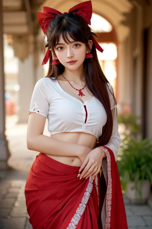 (Reimu Hakurei: 1.5), ((touhou, Red Eyes, Red hair, red saree, Black Hair, White shirt, Bindi, Jewelry, necklace, photography, Chiaroscuro, Feminine, exotic beauty, European Girls)),
action, Dynamic, venture, Motion blur, Large Breasts, long hair, Flowering, Bangs, Happy, enjoy, shiny skin, fit, sports,