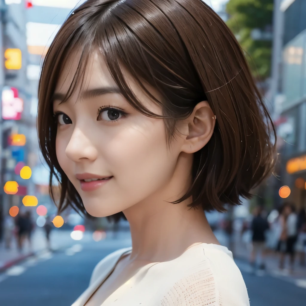 35 year old Japanese、city、shopping、Highly detailed face、Pay attention to the details、double eyelid、Beautiful thin nose、Sharp focus:1.2、Beautiful woman:1.4、(short hair),Pure white skin、highest quality、masterpiece、Ultra-high resolution、(Realistic:1.4)、Highly detailed and professional lighting、nice smile、Please show me your whole body、profile、Landscape、I'm looking to the side、