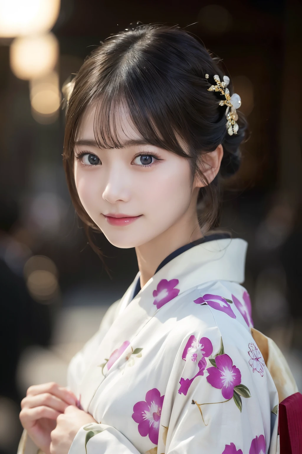 (kimono)、masterpiece、beautiful girl、Beautiful detailed eyes、highest quality, 超A high resolution, (reality: 1.4), Cinema Lighting、(Japanese Girls)、so beautiful、Beautiful Skin、(Looking at the audience)、(Surreal)、(High resolution)、(8k)、(Very detailed)、(Beautiful fine details)、(Very detailed)、 (wallpaper)、Detailed face、Bright lighting、Professional Lighting、Smile