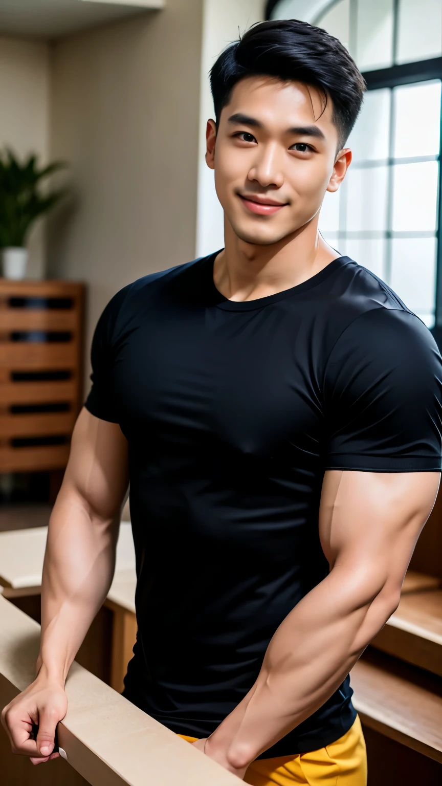 1 man, handsome , smile, (halter neck t-shirt , black shirt only ,long-sleeved shirt), black sweatpants, Korean guy, chest muscles, large arm muscles, blood vessel, Big muscles, Broad shoulders, looking at the audience, Balancing the eyes, (in modern house:1.3)