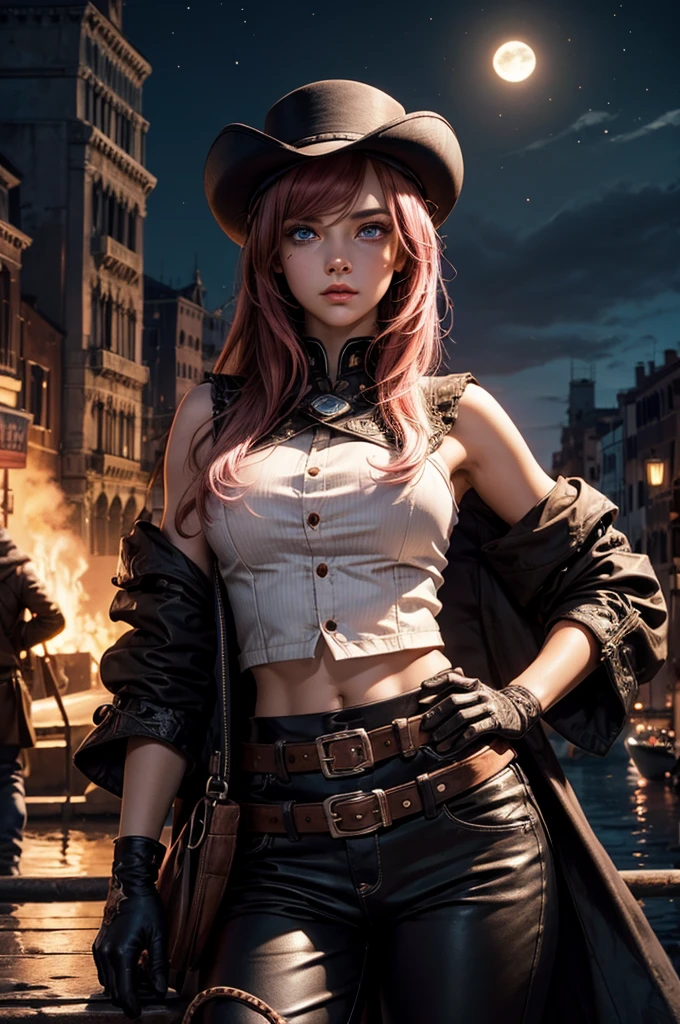 neopolitan, neopolitan, long hair, brown hair, (brown eyes:1.3), brown eyes, pink eyes, (heterochromia:1.2), two-tone hair, split-color hair, pink hair, brown hair, multicolored hair, BREAK gloves, hat, navel, detached sleeves, midriff, belt, pants, white gloves, black headwear, bowler hat, hands on hips, BREAK outdoors, night, stars, moon, post-apocalypse, dystopian future, venice,  ((river, gondola)), (crowd in military uniforms), bonfires, BREAK looking at viewer, (cowboy shot:1.5), BREAK (masterpiece:1.2), best quality, high resolution, unity 8k wallpaper, (illustration:0.8), (beautiful detailed eyes:1.6), extremely detailed face, perfect lighting, extremely detailed CG, (perfect hands, perfect anatomy),