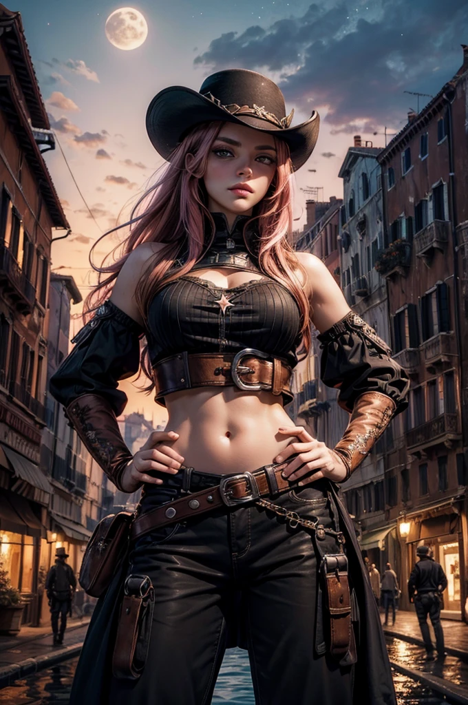 neopolitan, neopolitan, long hair, brown hair, (brown eyes:1.3), brown eyes, pink eyes, (heterochromia:1.2), two-tone hair, split-color hair, pink hair, brown hair, multicolored hair, BREAK gloves, hat, navel, detached sleeves, midriff, belt, pants, white gloves, black headwear, bowler hat, hands on hips, BREAK outdoors, night, stars, moon, post-apocalypse, dystopian future, venice,  ((river, gondola)), (crowd in military uniforms), bonfires, BREAK looking at viewer, (cowboy shot:1.5), BREAK (masterpiece:1.2), best quality, high resolution, unity 8k wallpaper, (illustration:0.8), (beautiful detailed eyes:1.6), extremely detailed face, perfect lighting, extremely detailed CG, (perfect hands, perfect anatomy),