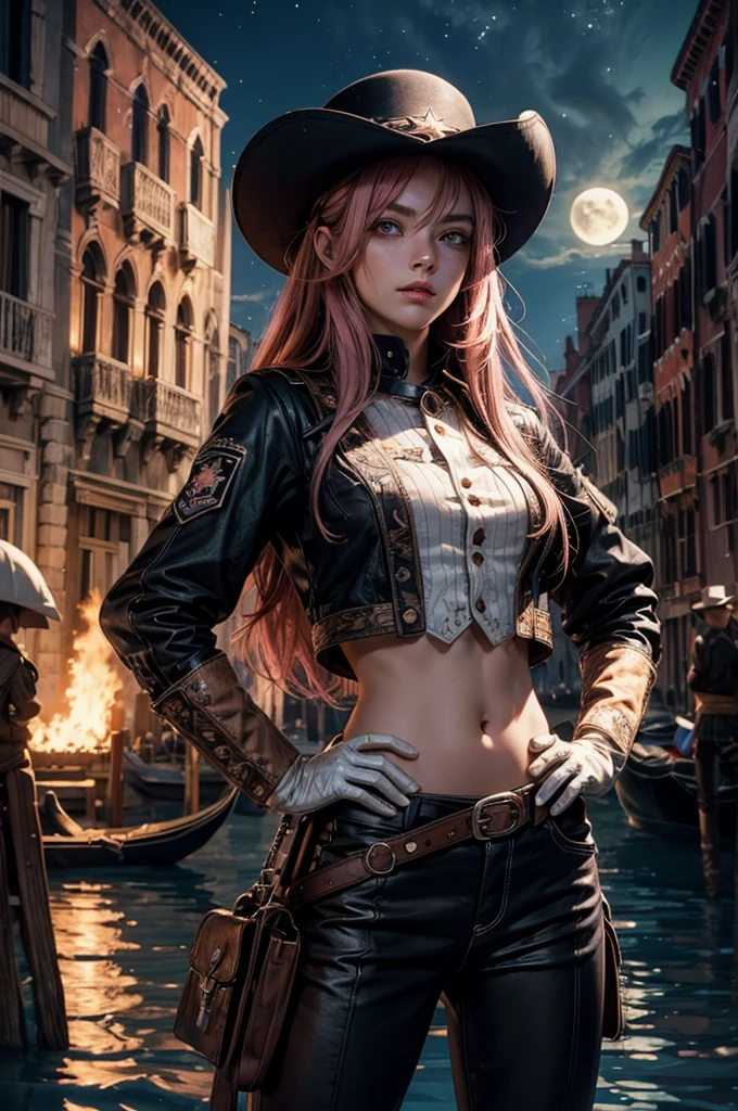 neopolitan, neopolitan, long hair, brown hair, (brown eyes:1.3), brown eyes, pink eyes, (heterochromia:1.2), two-tone hair, split-color hair, pink hair, brown hair, multicolored hair, BREAK gloves, hat, navel, detached sleeves, midriff, belt, pants, white gloves, black headwear, bowler hat, hands on hips, BREAK outdoors, night, stars, moon, post-apocalypse, dystopian future, venice,  ((river, gondola)), (crowd in military uniforms), bonfires, BREAK looking at viewer, (cowboy shot:1.5), BREAK (masterpiece:1.2), best quality, high resolution, unity 8k wallpaper, (illustration:0.8), (beautiful detailed eyes:1.6), extremely detailed face, perfect lighting, extremely detailed CG, (perfect hands, perfect anatomy),