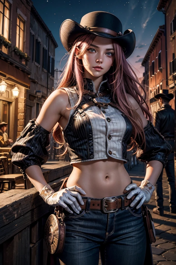 neopolitan, neopolitan, long hair, brown hair, (brown eyes:1.3), brown eyes, pink eyes, (heterochromia:1.2), two-tone hair, split-color hair, pink hair, brown hair, multicolored hair, BREAK gloves, hat, navel, detached sleeves, midriff, belt, pants, white gloves, black headwear, bowler hat, hands on hips, BREAK outdoors, night, stars, moon, post-apocalypse, dystopian future, venice,  ((river, gondola)), (crowd in military uniforms), bonfires, BREAK looking at viewer, (cowboy shot:1.5), BREAK (masterpiece:1.2), best quality, high resolution, unity 8k wallpaper, (illustration:0.8), (beautiful detailed eyes:1.6), extremely detailed face, perfect lighting, extremely detailed CG, (perfect hands, perfect anatomy),