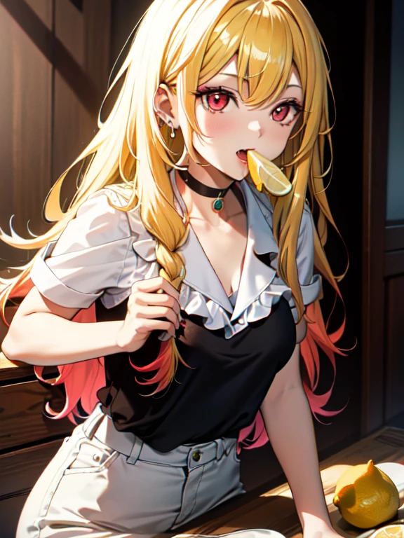 lemon:1.5, Biting into a lemon, Eating lemon, sour face:1.5, kitagawa marin, 1girl, blonde hair, long hair, multicolored hair, red eyes, jewelry, earrings, piercing, black choker, UHD, retina, ccurate, masterpiece, anatomically correct, textured skin, super detail, high details, high quality, best quality, highres, 8k