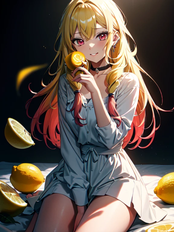 lemon:1.5, Biting into a lemon, Eating lemon, sour face:1.5, kitagawa marin, 1girl, blonde hair, long hair, multicolored hair, red eyes, jewelry, earrings, piercing, black choker, UHD, retina, ccurate, masterpiece, anatomically correct, textured skin, super detail, high details, high quality, best quality, highres, 8k