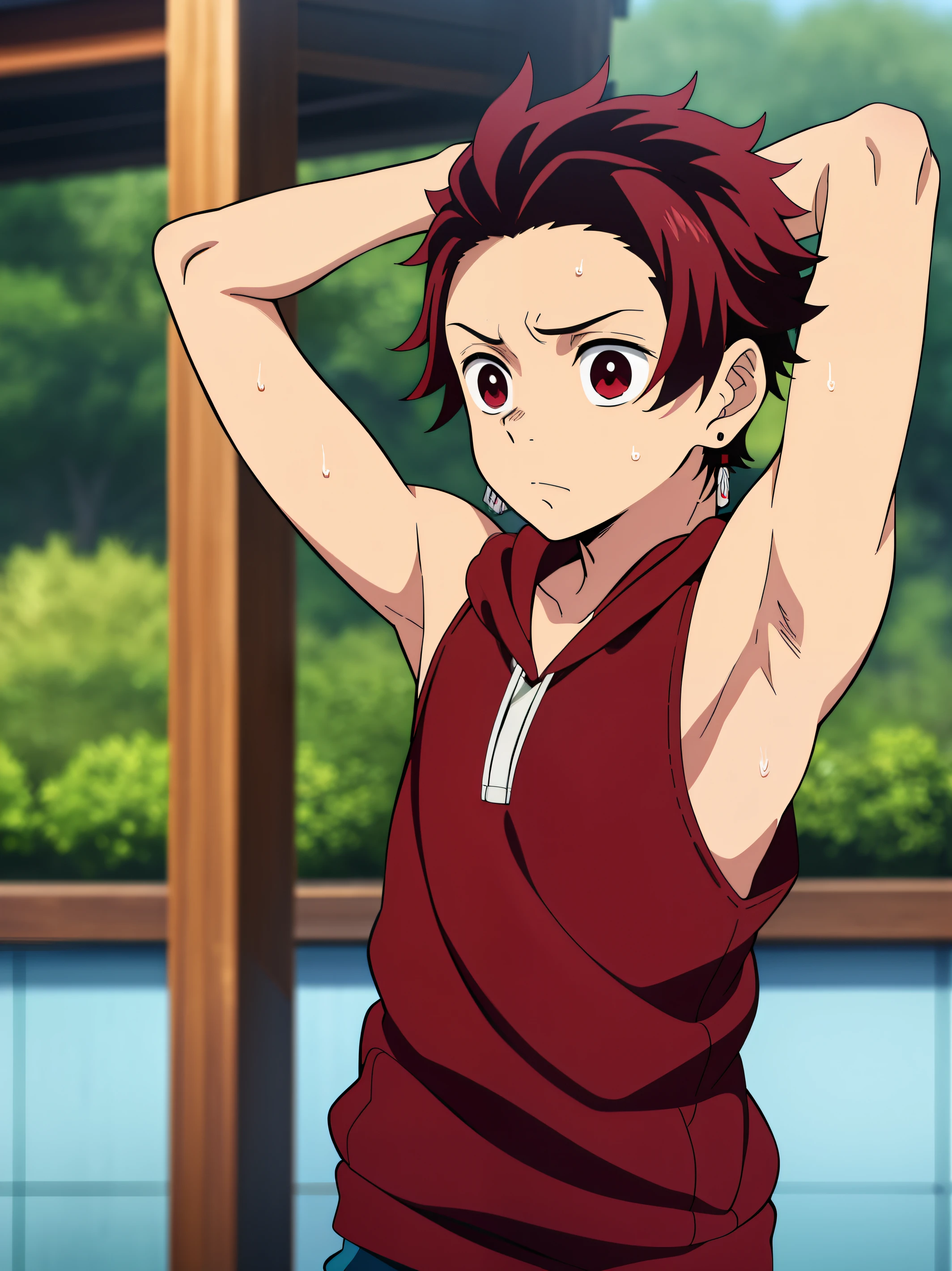 Highres, Masterpiece, Best quality at best,Best Quality,hight quality, hight detailed, 1boy, Tanjirou, scar, Red hair, Earring, Shota, Sleeveless hoodie, Sweat, Slim body, Upper body, Depth of field, (Showing armpit:1.3), (Seen from front), (very small and short stature), (very young boy), s, Blurry beckground