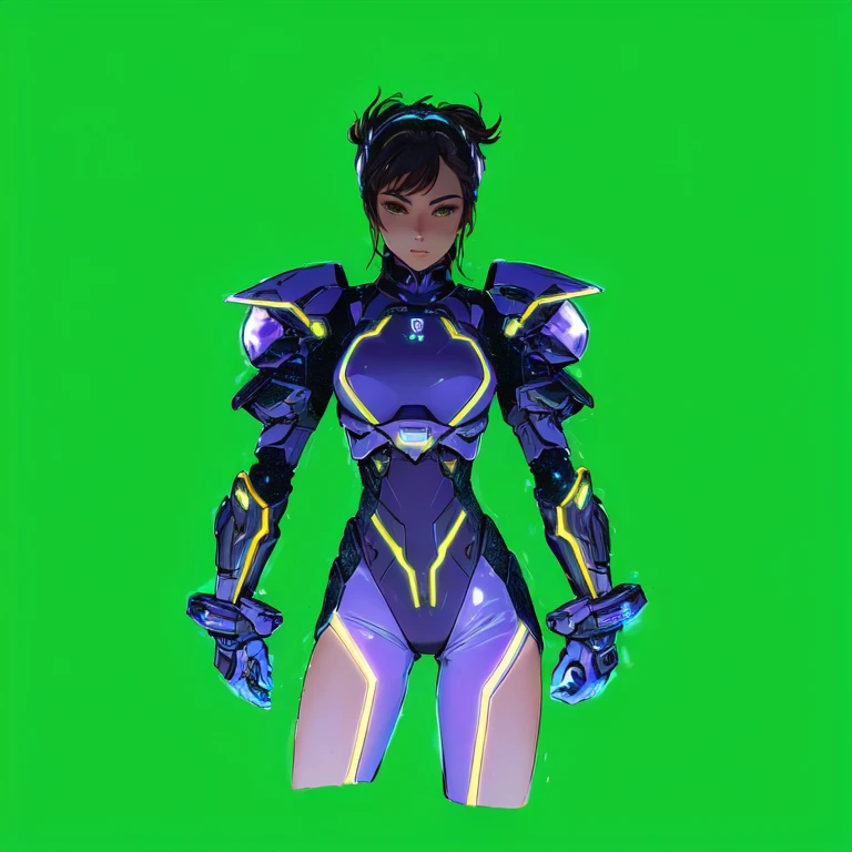 um close de uma mulher em um terno futurista sobre um fundo verde, neon armor, girl in mecha cybernetic armor, vestido com cybernetic armor, armadura brilhante e elegante, cyber suit, cyber fighting armor, avatar de jogo 2d da parte superior do corpo, wearing sci-fi armor, led - armadura iluminada, armadura brilhante de alta tecnologia, cybernetic armor, cyber suit, vestindo armadura futurista