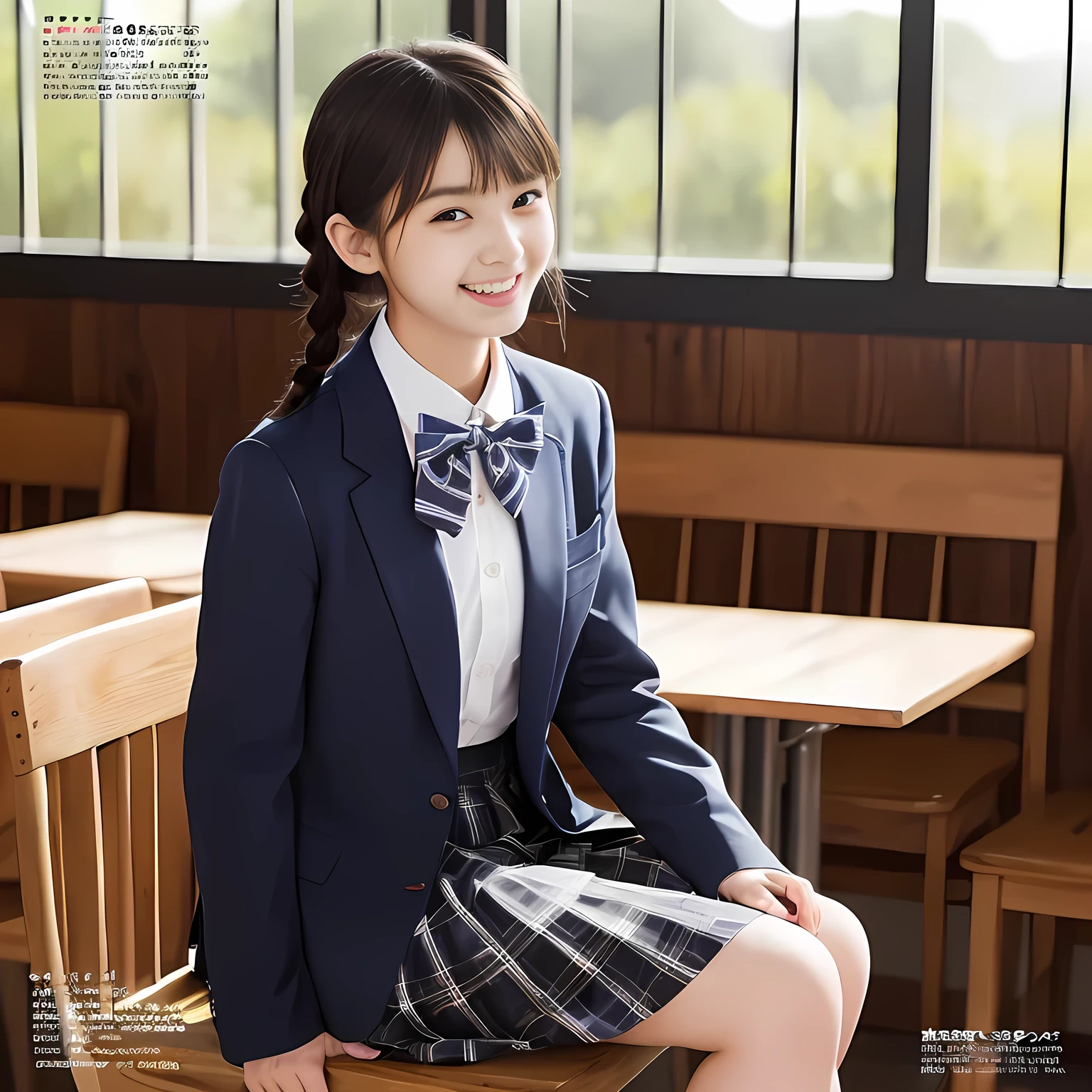 (highest quality, masterpiece:1.2), highest quality, Realistic, photograph, High resolution, 1080p, 8K, Physical Rendering, ((Height: 158cm)), Japanese girl、((((((A 14 year old beautiful Japanese fashion magazine's fashion model is looking straight at the viewer)))))), (((big very detailed beautiful dark brown eyes))), ((((laughing at me!)))), detailed fingers, (((curled blunt bangs))), ((((Very noble and cute eyes, carefully drawn with great attention to detail)))), ((double eyelids)), (((long eyelashes))), ((cute lovely lovely laughing laughing cheeks)), ((The pure white light hits my nose and cheeks. Her eyes and white facial skin shine beautifully white.)), (((((Her facial features are very expressive lovely smile, very sweet, very very intelligent))))), ((((impressive plain navy large school ribbon bow tie in plain)))), ((((black very beautiful and very long braids hair)))), ((blue and navy colored tartan checkered formal long pleated skirt)), (((A formal dark blue blazer in solid that is slightly oversized and with a golden emblem))), ((As elegant as a noble princess)), ((Seated on a chair of platform at a rural railway station)), ((Shooting the whole body from the side))