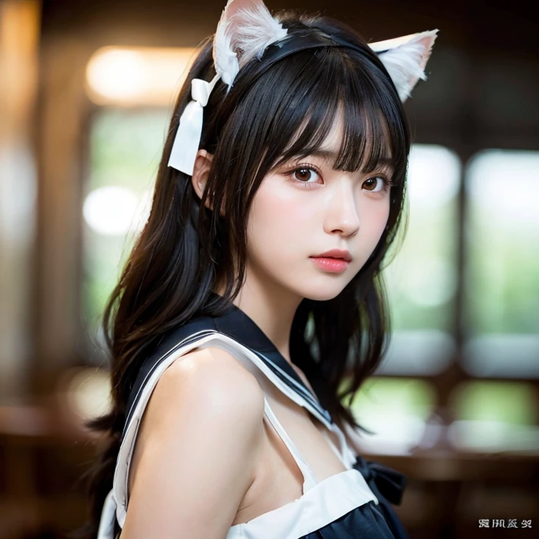 (highest quality,masterpiece:1.3,Ultra-high resolution),(Very detailed,Caustics,8k),(Realistic:1.4,RAW shooting),18-year-old,Japanese,A little sad look，Looking at the camera,Shiny skin, Slender body, Good figure,Rembrandt Lighting, (Photorealistic:1.2), (highest quality), (Detailed skin:1.3), (Intricate details), Ray Tracing,One girl, In detail,real，Detailed skin texture, Black Hair, Long Hair,Cat ears headband, (Blunt bangs:1.2), cute, Sailor suit,(Face Focus:1.1),(Face close-up:1.1),(Low position::1.3),(Low Angle::1.3),Retro Cafe，Collarbone Bare Skin
