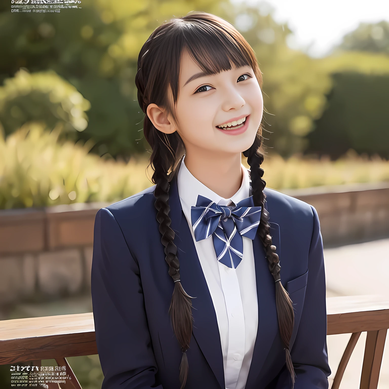 (highest quality, masterpiece:1.2), highest quality, Realistic, photograph, High resolution, 1080p, 8K, Physical Rendering, ((Height: 158cm)), Japanese girl、((((((A 14 year old beautiful Japanese fashion magazine's fashion model is looking straight at the viewer)))))), (((big very detailed beautiful dark brown eyes))), ((((laughing at me!)))), detailed fingers, (((curled blunt bangs))), ((((Very noble and cute eyes, carefully drawn with great attention to detail)))), ((double eyelids)), (((long eyelashes))), ((cute lovely lovely laughing laughing cheeks)), ((The pure white light hits my nose and cheeks. Her eyes and white facial skin shine beautifully white.)), (((((Her facial features are very expressive lovely smile, very sweet, very very intelligent))))), ((((impressive plain navy large school ribbon bow tie in plain)))), ((((black very beautiful and very long braids hair)))), ((blue and navy colored tartan checkered formal long pleated skirt)), (((A formal dark blue blazer in solid that is slightly oversized and with a golden emblem))), ((As elegant as a noble princess)), ((Seated on a chair of platform at a rural railway station)), ((Shooting the whole body from the side))