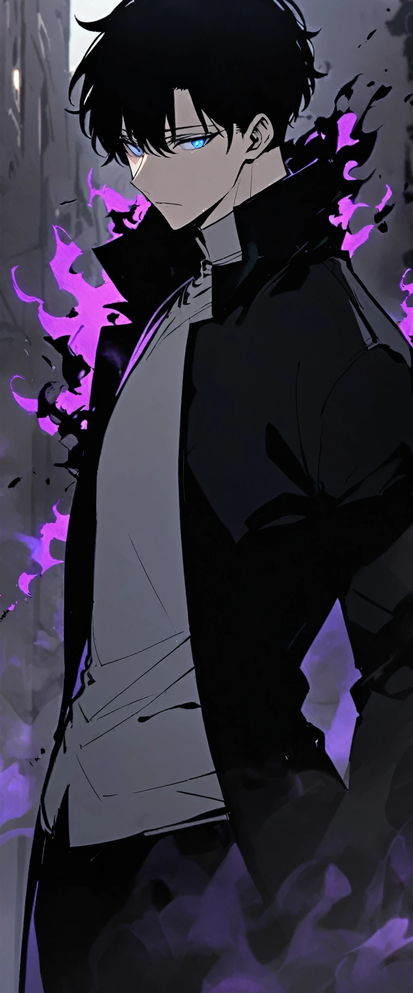 good looking, alone, male, short hair, Black Hair, Blue eyes, Grey Shirt, Black Pants, A simple black long coat, Purple Flame