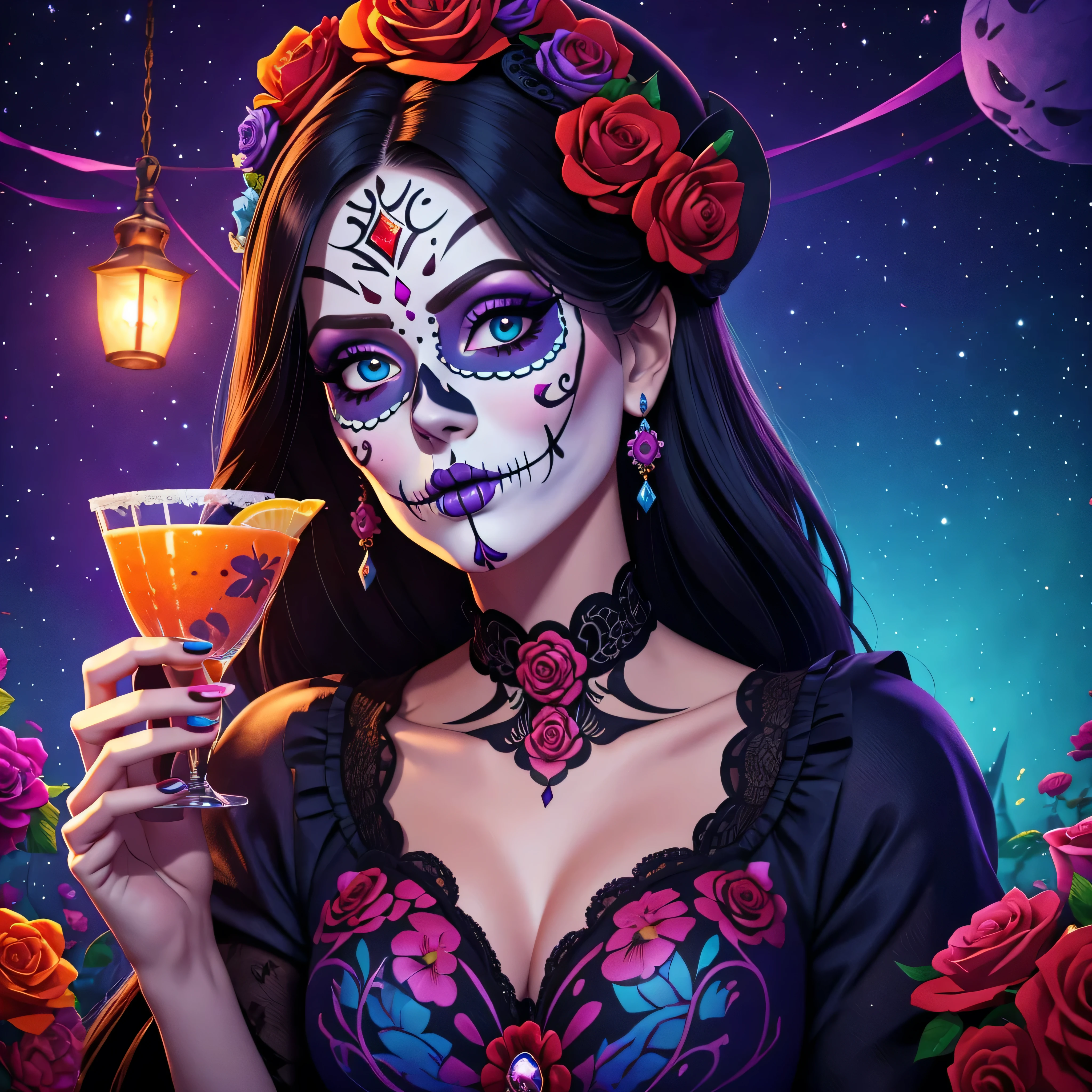 a WLOP style oil painting of a woman with sugar skull paint and holding cocktail, in the style of a realistic fantasy artwork, Digital Airbrushing, tanya shatseva, luces y sombras contrastantes, arte de pixel, rasgos faciales exagerados, Ruben Maya *a woman with sugar skull makeup and roses around her head, celebrating dia de los Muertos, dia de los muertos, dia de los Muertos, dia de muertos, dia de los muertos. 8 mil, la catrina, solo una broma, (dia de los muertos), dia de todos los muertos, ( dia de los muertos ), mensaje negativo: (peor calidad, baja calidad, 3d, 2d), boca abierta, diente, Cara fea, cara vieja, cabezas dobles, pasos adicionales de extremidades: 55, Dechado: Euler a, escala CFG: 7.0, Semilla: 1345639005, Size: 768x1152, Model: copax_Melodies_SG_beta2: 74c01022ae", Version: v1.6.0.40-2-gbf9b3cf, ID de tarea: 650040315251726033