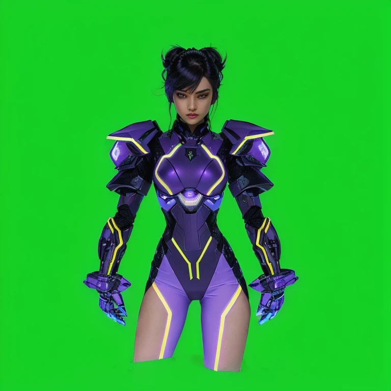 um close de uma mulher em um terno futurista sobre um fundo verde, neon armor, girl in mecha cybernetic armor, vestido com cybernetic armor, armadura brilhante e elegante, cyber suit, cyber fighting armor, avatar de jogo 2d da parte superior do corpo, wearing sci-fi armor, led - armadura iluminada, armadura brilhante de alta tecnologia, cybernetic armor, cyber suit, vestindo armadura futurista, decapre street figther: tight and streamlined costume, with predominant colors of black and purple, Technological armor is incorporated into the costume, displaying futuristic details and smooth lines. The armor features purple luminous panels that emit a subtle glow, highlighting its technological nature. • Electric Gloves: Electric gloves are sleek and futuristic, with purple accents and twinkling blue lights. They are designed to fit perfectly into woman's hands, • Missile Launcher Backpack: The backpack is incorporated into the outfit on the Woman's back, with an elegant and aerodynamic design. • Hair and Mask: His hair is long and dark, with a purple streak that falls over his face, giving a touch of color to his predominantly black look. She wears a purple mask that covers half of her face, accentuating her mysterious and intimidating expression. • Visual Effects: During the fight, the Woman is surrounded by an aura of dark psychic energy, similar to that of the Shadow Lady, highlighting her connection to Bison's Psychological Power and its advanced technological nature. Street figure style, cyberpunk style anime