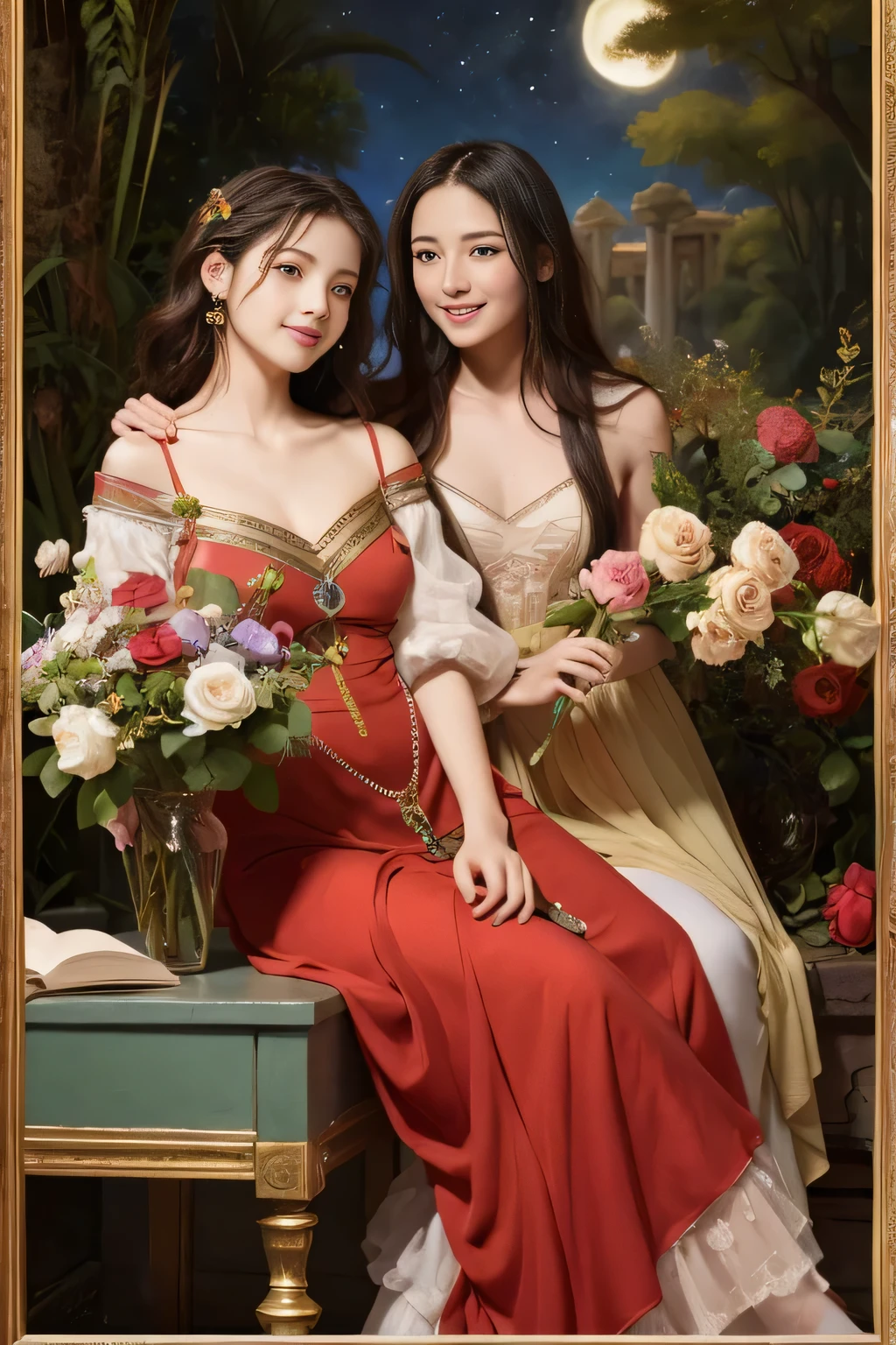 Giorgione painting style,Arguments of two female Philosophe,math、astronomical machine、astronaut、roses in vase、fruits、Cute trinkets、smile、ancient greek costume、Background is a forest lake at night 、Clothes that stretch your shoulders、A big smile、beautiful bare skin、A detailed representation of the seducing woman throughout her body.