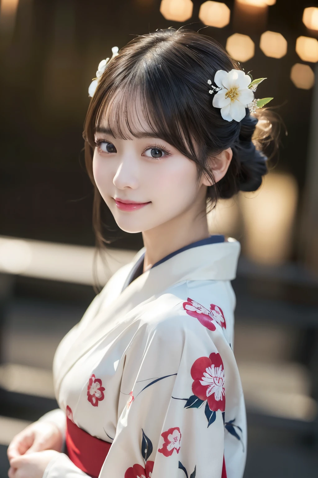 (kimono)、masterpiece、beautiful girl、Beautiful detailed eyes、highest quality, 超A high resolution, (reality: 1.4), Cinema Lighting、(Japanese Girls)、so beautiful、Beautiful Skin、(Looking at the audience)、(Surreal)、(High resolution)、(8k)、(Very detailed)、(Beautiful fine details)、(Very detailed)、 (wallpaper)、Detailed face、Bright lighting、Professional Lighting、Smile