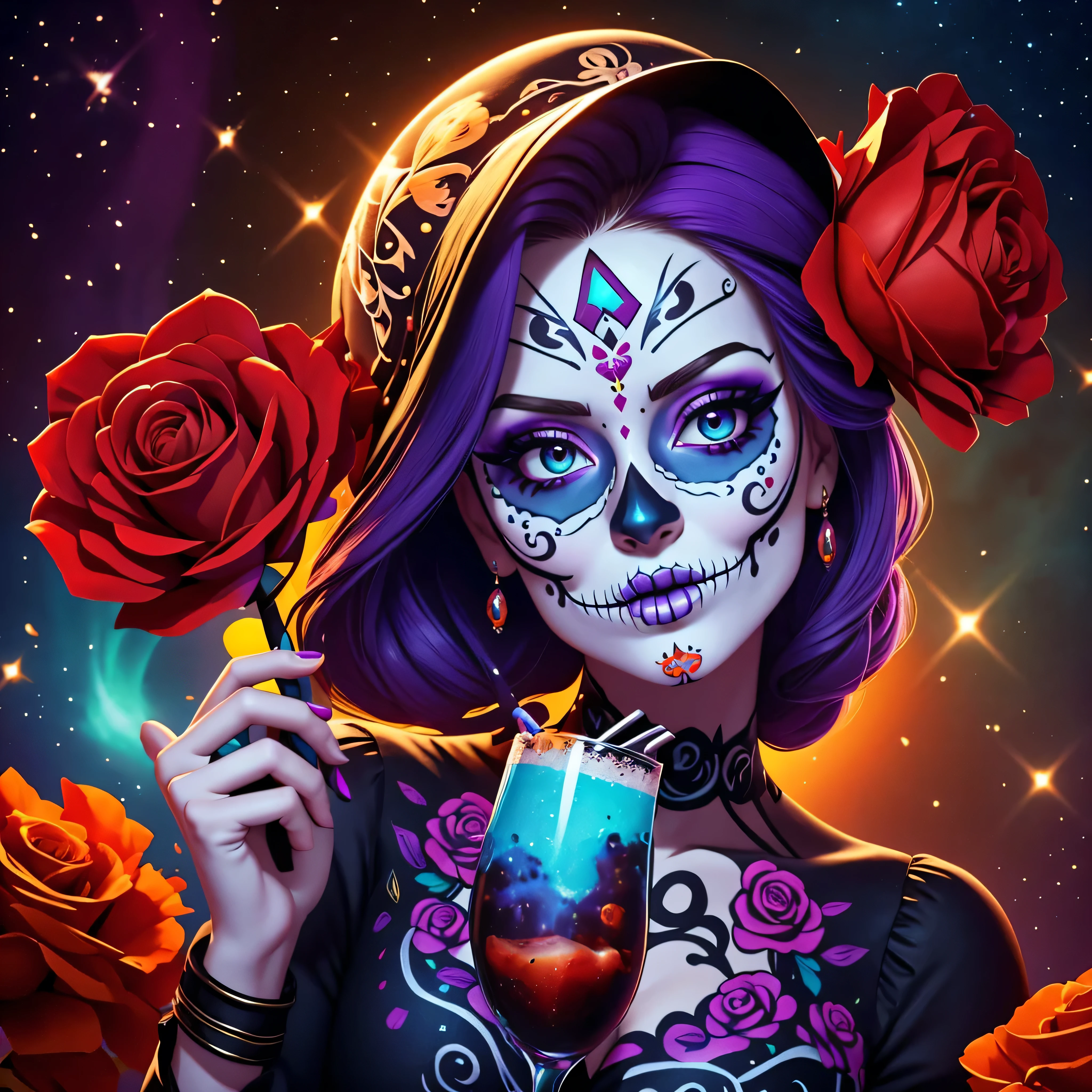 a WLOP style oil painting of a woman with sugar skull paint and holding cocktail, in the style of a realistic fantasy artwork, Digital Airbrushing, tanya shatseva, luces y sombras contrastantes, arte de pixel, rasgos faciales exagerados, Ruben Maya *a woman with sugar skull makeup and roses around her head, celebrating dia de los Muertos, dia de los muertos, dia de los Muertos, dia de muertos, dia de los muertos. 8 mil, la catrina, solo una broma, (dia de los muertos), dia de todos los muertos, ( dia de los muertos ), mensaje negativo: (peor calidad, baja calidad, 3d, 2d), boca abierta, diente, Cara fea, cara vieja, cabezas dobles, pasos adicionales de extremidades: 55, Dechado: Euler a, escala CFG: 7.0, Semilla: 1345639005, Size: 768x1152, Model: copax_Melodies_SG_beta2: 74c01022ae", Version: v1.6.0.40-2-gbf9b3cf, ID de tarea: 650040315251726033