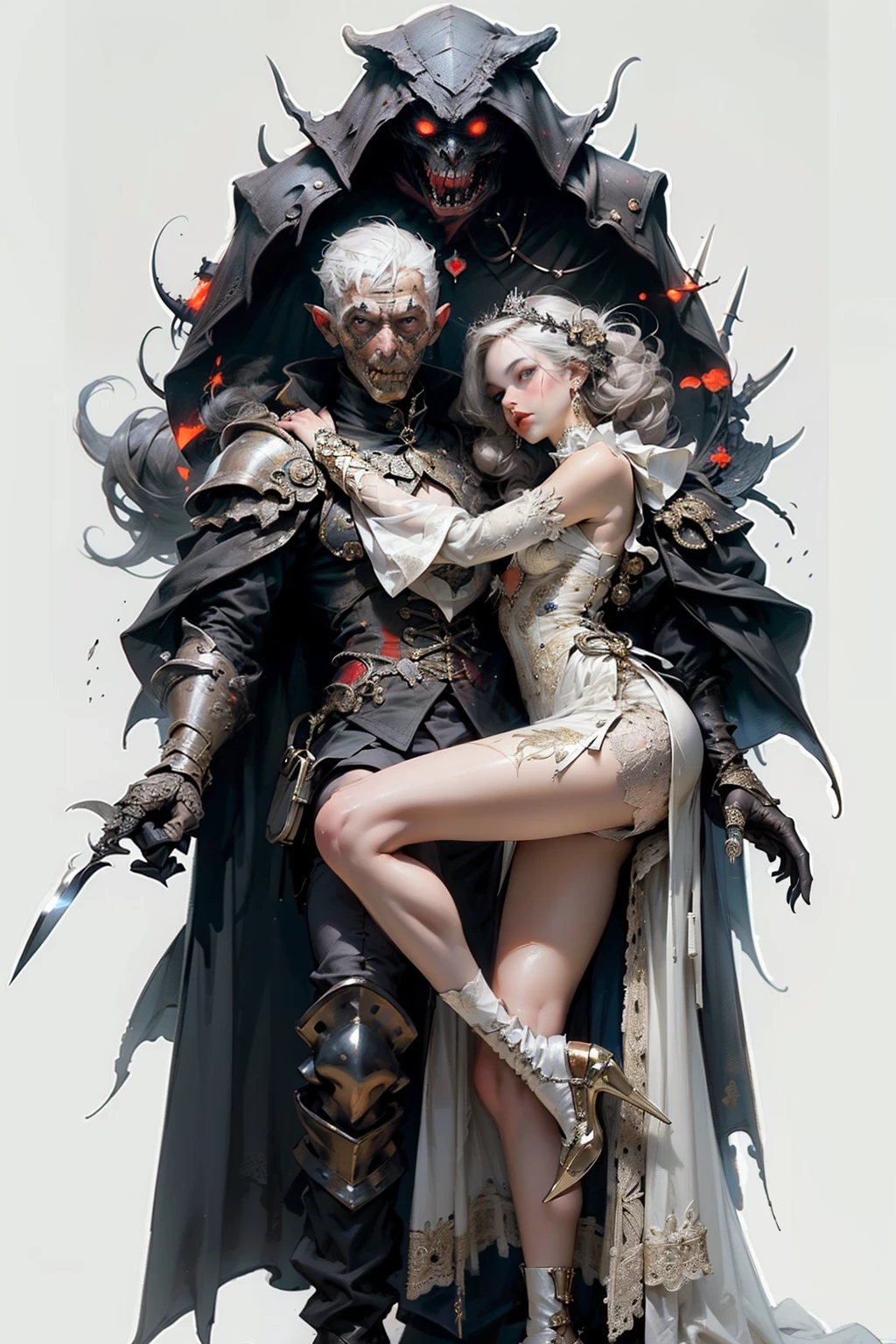 mpts
Copy
(((masutepiece, of the highest quality, super detailed))), hand drawn style, hand painted style, watercolour, sketch, a knight, white background, plain background, Bloodborne inspired, tatty Bloodborne attire, occult aesthetic, occult, tatty red and white clothing detailed and intricate steampunk and detailed gothic lolita (with a hood), diadems, long coat, very thin long legs, Complex laced boots, Fluttering lace flared long knee length dress with frilly petticoats, long dress, knee length dress, petticoats gothic lolita, beautiful small breasts, (((( Highly detailed face))), small thin nose, Small thin lips mouth, (((Very sharp focused eyes))), Very large slit precision pale grey eyes that shine like jewels. very long eyelashes, Silver hair swaying in the wind, Emitting a dazzling light in a mandala pattern, white background, Very dramatic and cinematic lighting, tatty damaged old red and white clothing, full body, whole body, body, cosmic horror, grim dark