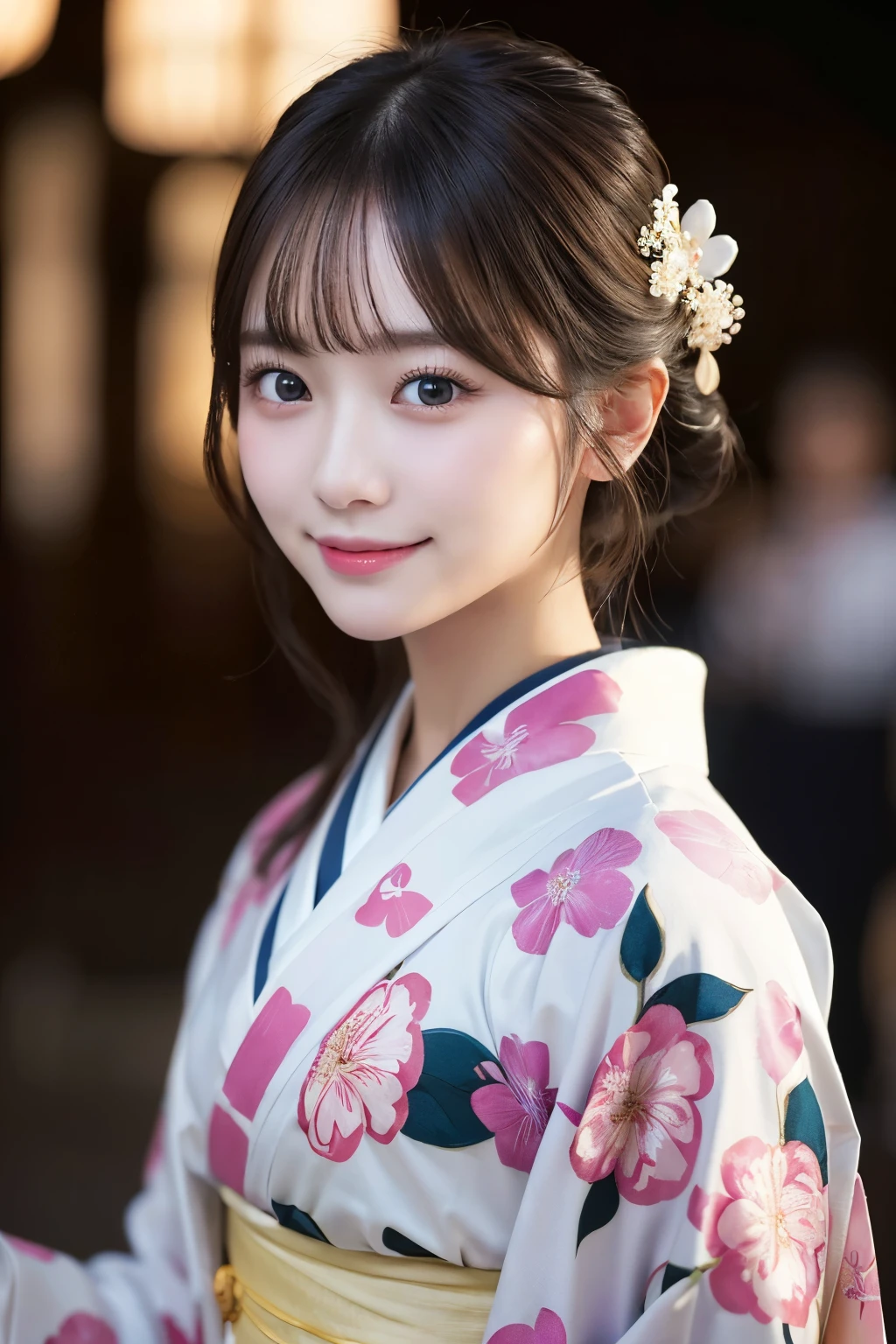(kimono)、masterpiece、beautiful girl、Beautiful detailed eyes、highest quality, 超A high resolution, (reality: 1.4), Cinema Lighting、(Japanese Girls)、so beautiful、Beautiful Skin、(Looking at the audience)、(Surreal)、(High resolution)、(8k)、(Very detailed)、(Beautiful fine details)、(Very detailed)、 (wallpaper)、Detailed face、Bright lighting、Professional Lighting、Smile