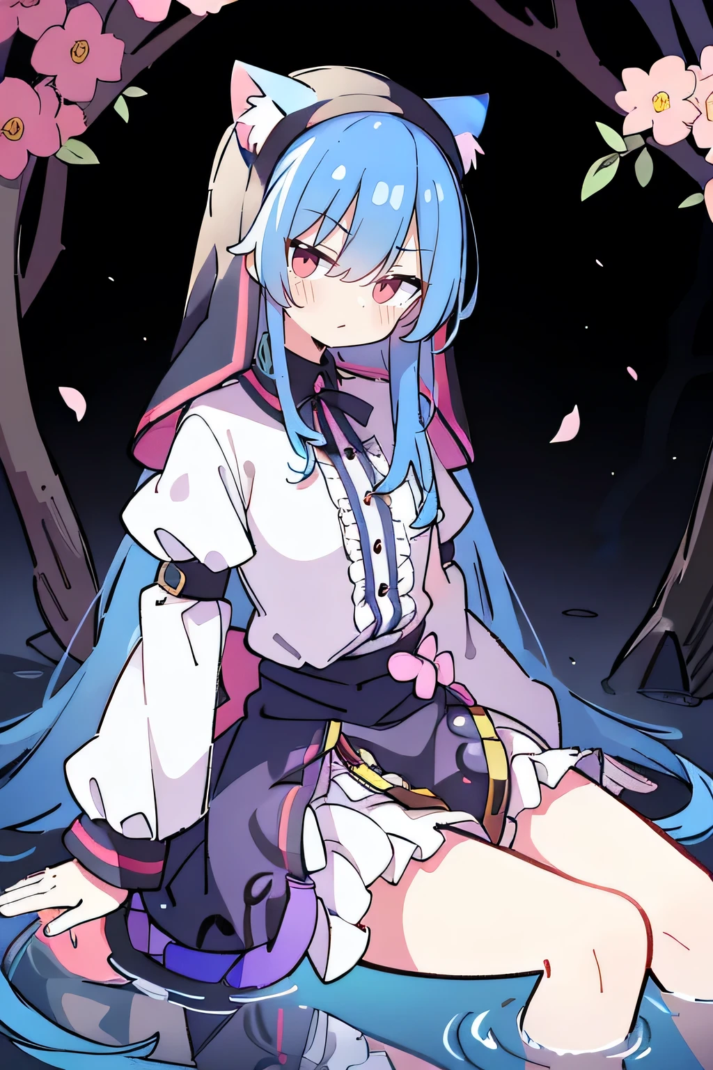 (masterpiece:1.2),Extremely detailed,Practical,expressive eyes,Fair skin,Perfect face shaping,1 Girl,
Japanese cartoons,Gorgeous blue hair, the long flowing blue hair,Floating clothes,Cat ears,Petals fall,beautiful lola,Young Angel,
Place your hands on your waist,sit elegantly on the ground,Cross your legs,Gentle and peaceful background,stately church,nun,lie on the water,Blackening,A look of disdain.