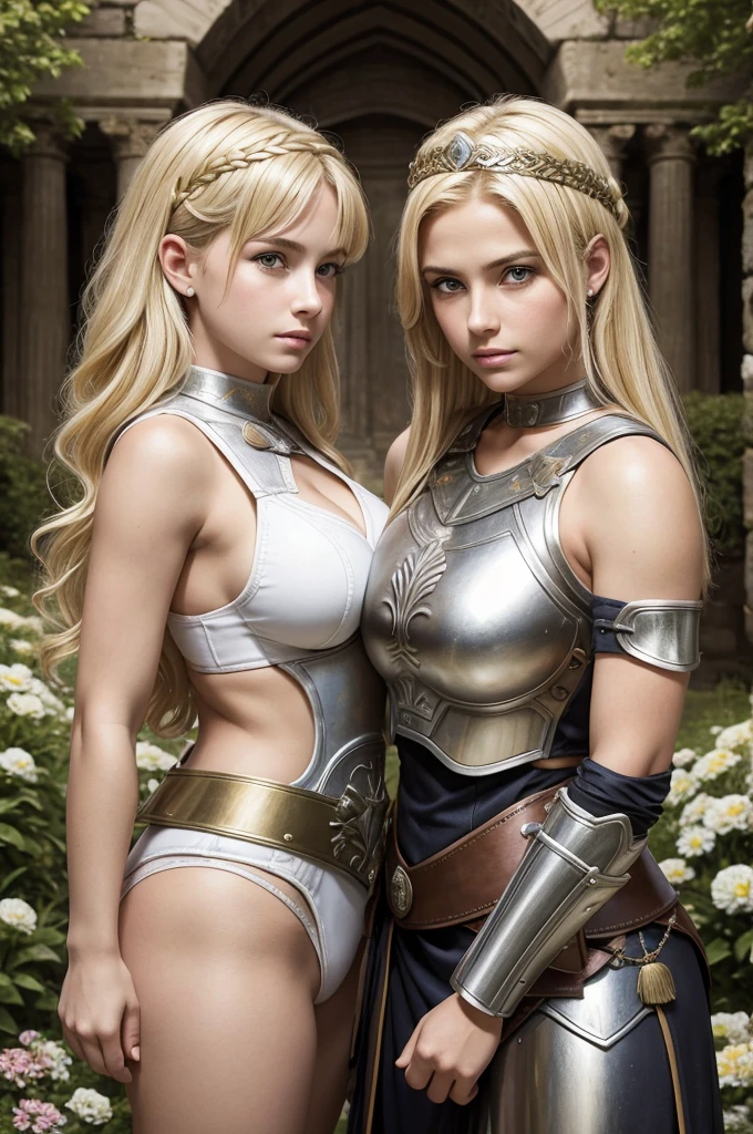 mother and daughter portrait break: mature woman, roman warrior, queens blade , middle age, blonde, detailed face, curvy, fighter position, background in uk land break: teen girl, roman warrior, princess blade , 14 years old, teenager girl, small breasts, mini cropped, valkyrian princess ,blonde, detailed face, beautiful, confiant, background in uk land with flowers, soft lesbians