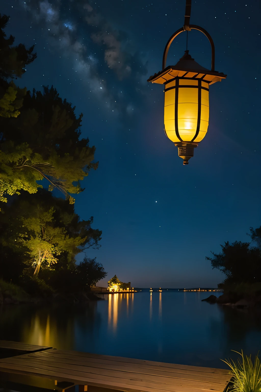 A single hanging lantern at night, backgroun night sky, view near