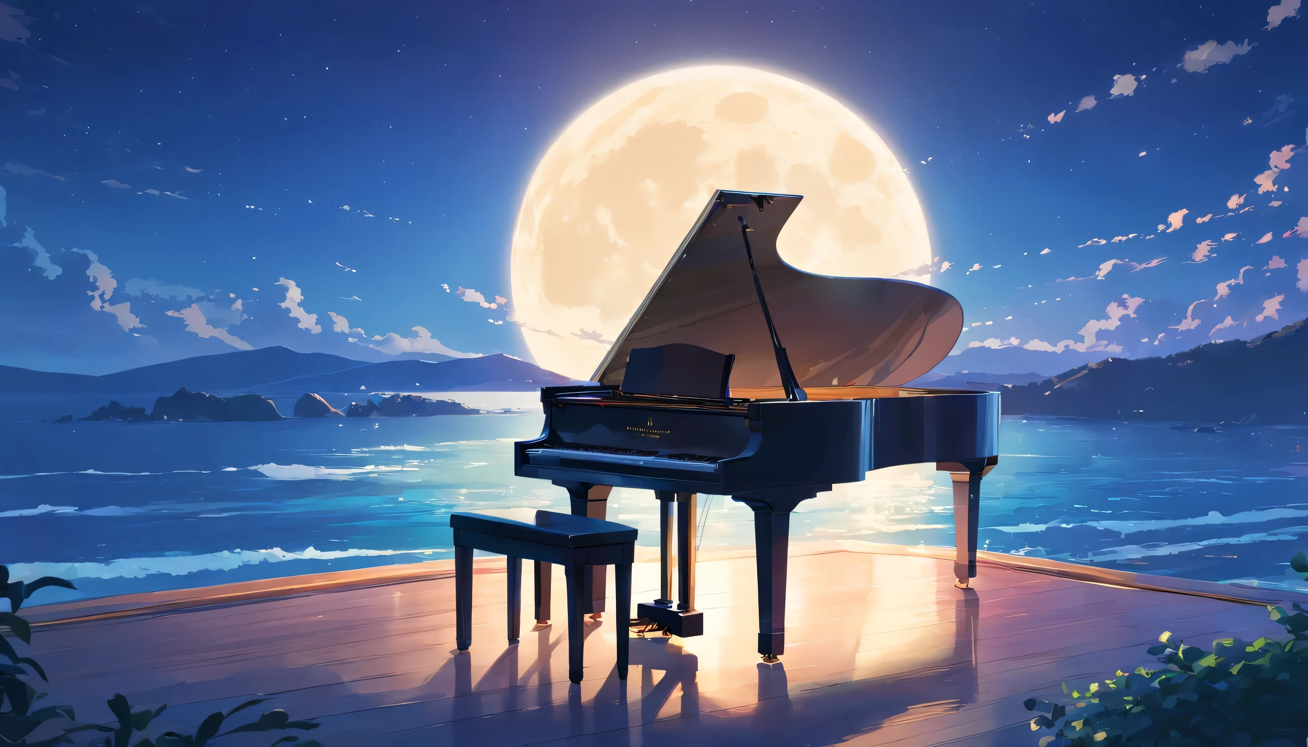A grand piano illuminated by the full moon、You can see the ocean from the top of the mountain、The moonlight is reflected in the sea、Grand piano only