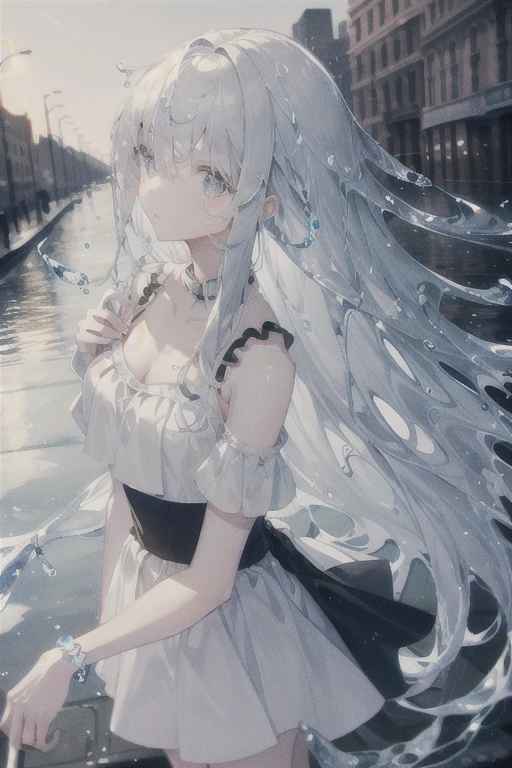 (background), masterpiece, highest quality,figure, wallpaper, Super detailed, Absurd, One girl, alone, (Liquid Hair:1.2), Beautiful fine details,
bangs, Cowboy Shot, Long Hair, Magical girl, Gray Hair, Wave,  water,  water drop, Look to the side, water遊び, 
(street:1.5),  sun, Cloudy,