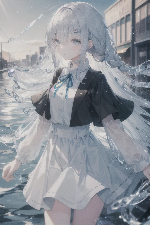 (background), masterpiece, highest quality,figure, wallpaper, Super detailed, Absurd, One girl, alone, (Liquid Hair:1.2), Beautiful fine details,
bangs, Cowboy Shot, Long Hair, Magical girl, Gray Hair, Wave,  water,  water drop, Look to the side, water遊び, 
(street:1.5),  sun, Cloudy,