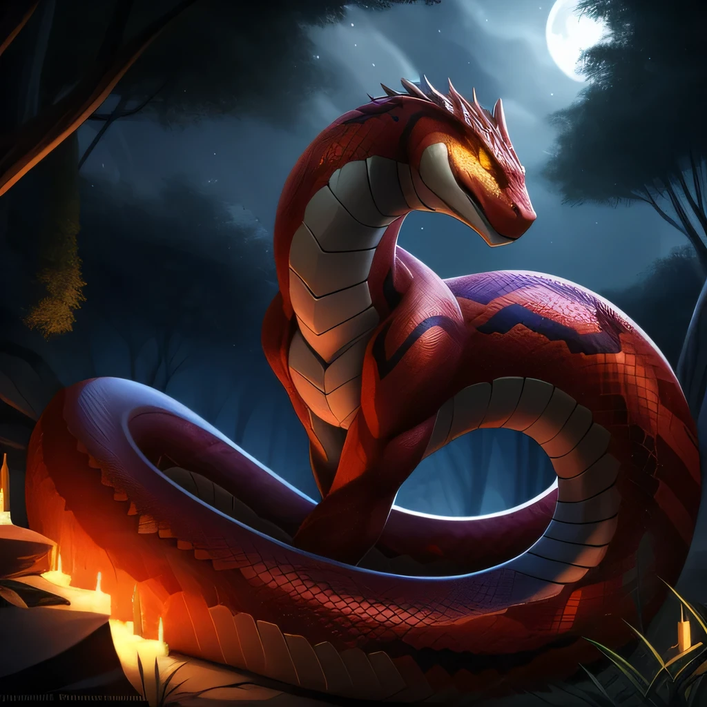 hi res, anthro, muscular white-red snake, 3D render, full body, Vibrant scales with Red and White banding, Realistic masterpiece, Detailed picture, Solo, Night, Moonlit jungle as a Detailed background, glowing eyes with Golden yellow irises, Furry, vivacious tail, by LunarSerpentineArtistry, by Paelias, by AeonScythe. Dramatic, High Detail, Trending on ArtStation, Intricate, expressive, serpentine pose showcases the Regal, Fierce, Majestic creature looking directly at the viewer with an Intimidating aura, under
