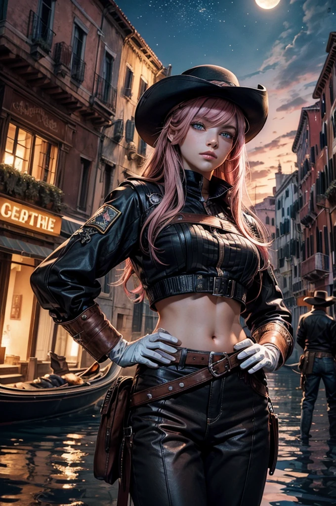 neopolitan, neopolitan, long hair, brown hair, (brown eyes:1.3), brown eyes, pink eyes, (heterochromia:1.2), ((two-tone hair, split-color hair, pink hair, brown hair, multicolored hair)), BREAK gloves, hat, navel, detached sleeves, midriff, belt, pants, white gloves, black headwear, bowler hat, hands on hips, BREAK outdoors, night, stars, moon, post-apocalypse, dystopian future, venice, ((river, gondola)), (crowd in military uniforms), bonfires, BREAK looking at viewer, (cowboy shot:1.5), BREAK (masterpiece:1.2), best quality, high resolution, unity 8k wallpaper, (illustration:0.8), (beautiful detailed eyes:1.6), extremely detailed face, perfect lighting, extremely detailed CG, (perfect hands, perfect anatomy),
