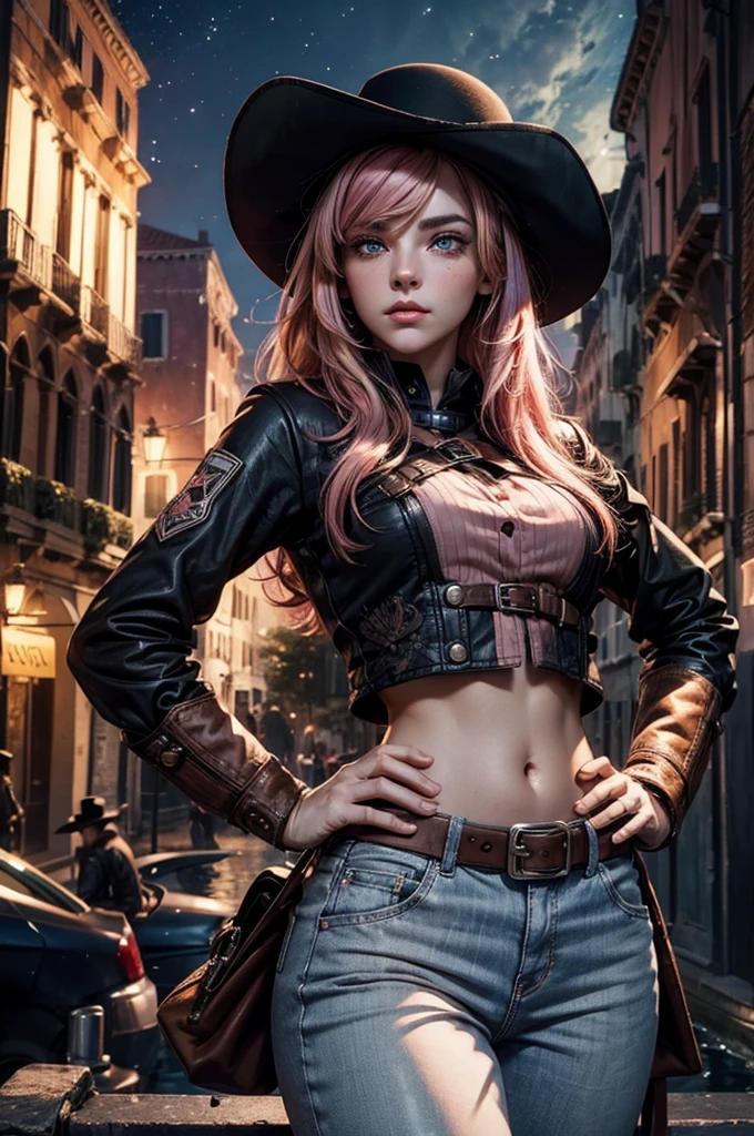 neopolitan, neopolitan, long hair, brown hair, (brown eyes:1.3), brown eyes, pink eyes, (heterochromia:1.2), ((two-tone hair, split-color hair, pink hair, brown hair, multicolored hair)), BREAK gloves, hat, navel, detached sleeves, midriff, belt, pants, white gloves, black headwear, bowler hat, hands on hips, BREAK outdoors, night, stars, moon, post-apocalypse, dystopian future, venice,  ((river, gondola)), (crowd in military uniforms), bonfires, BREAK looking at viewer, (cowboy shot:1.5), BREAK (masterpiece:1.2), best quality, high resolution, unity 8k wallpaper, (illustration:0.8), (beautiful detailed eyes:1.6), extremely detailed face, perfect lighting, extremely detailed CG, (perfect hands, perfect anatomy),