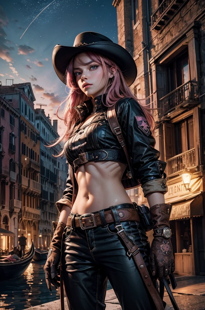 neopolitan, neopolitan, long hair, brown hair, (brown eyes:1.3), brown eyes, pink eyes, (heterochromia:1.2), ((two-tone hair, split-color hair, pink hair, brown hair, multicolored hair)), BREAK gloves, hat, navel, detached sleeves, midriff, belt, pants, white gloves, black headwear, bowler hat, hands on hips, BREAK outdoors, night, stars, moon, post-apocalypse, dystopian future, venice, ((river, gondola)), (crowd in military uniforms), bonfires, BREAK looking at viewer, (cowboy shot:1.5), BREAK (masterpiece:1.2), best quality, high resolution, unity 8k wallpaper, (illustration:0.8), (beautiful detailed eyes:1.6), extremely detailed face, perfect lighting, extremely detailed CG, (perfect hands, perfect anatomy),