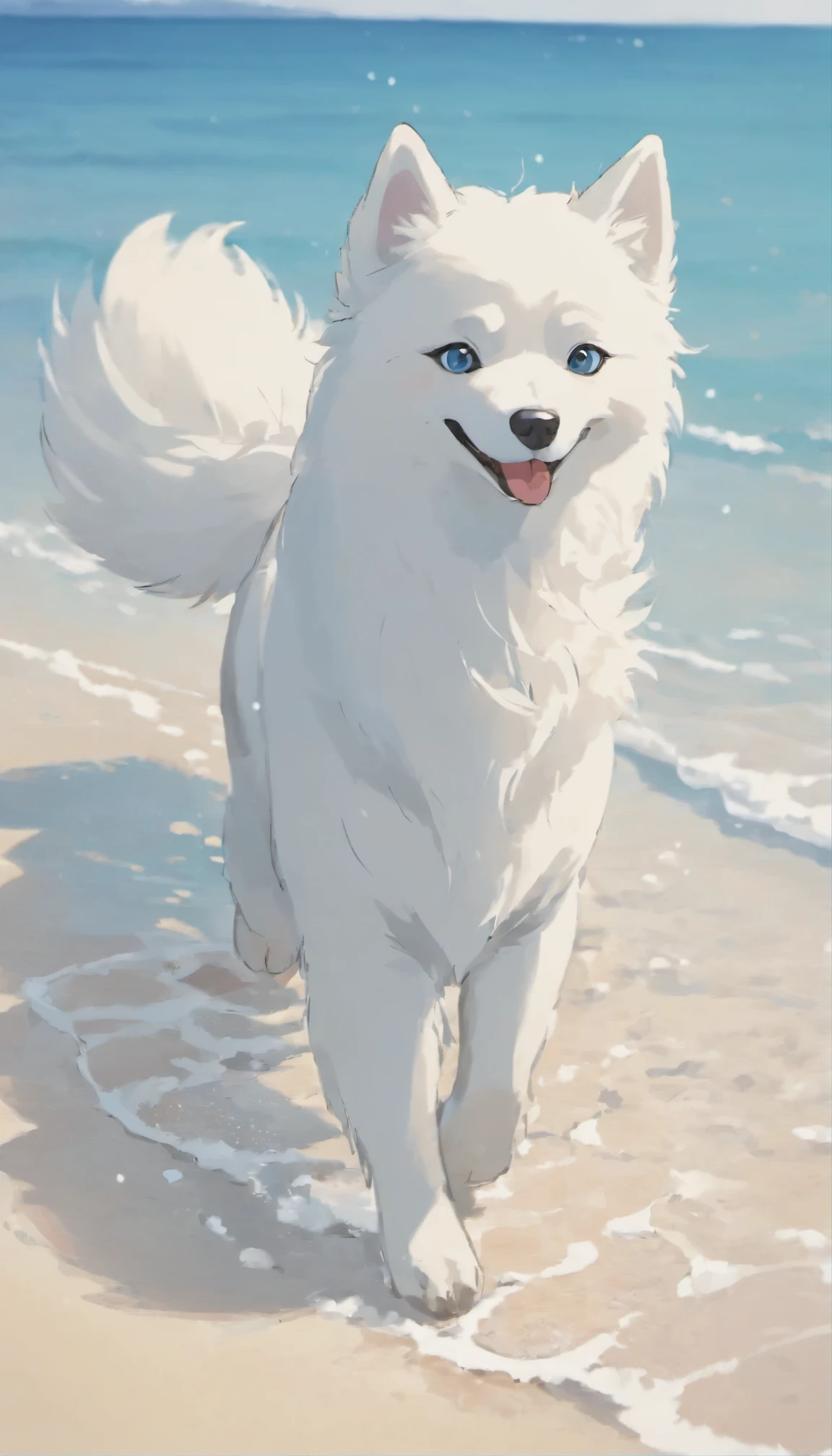 one dog, Samoyed dog, Sparkling white sand beaches, swim, Ocean, Water Play, Waterfront, surfing