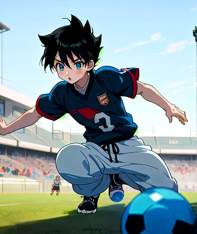 anime boy with blue eyes and Black hair looking at kids playing football, anime boy, anime moe art style, young anime man,