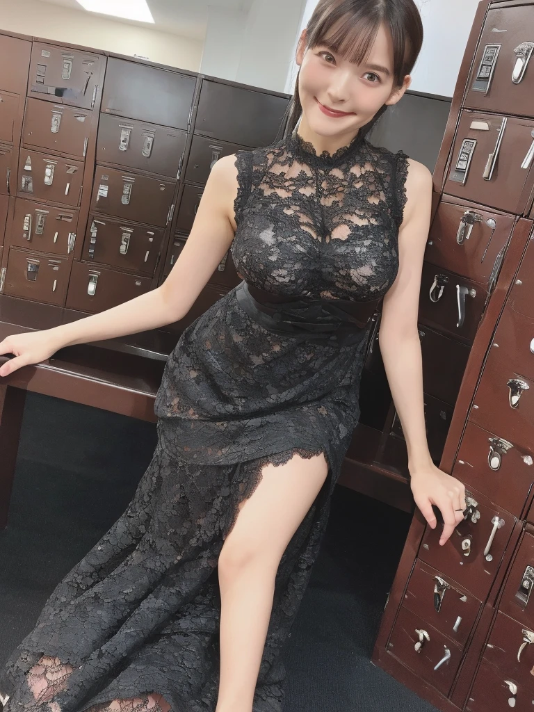 (masterpiece:1.5),(highest quality:1.5),(Highest quality:1.5),(8K:1.5),(Watching the audience),(Big Breasts:1.3),smile,(locker room:1.2),(Black lace dress:1.2),Slender,Narrow waist,Beautiful and thin legs